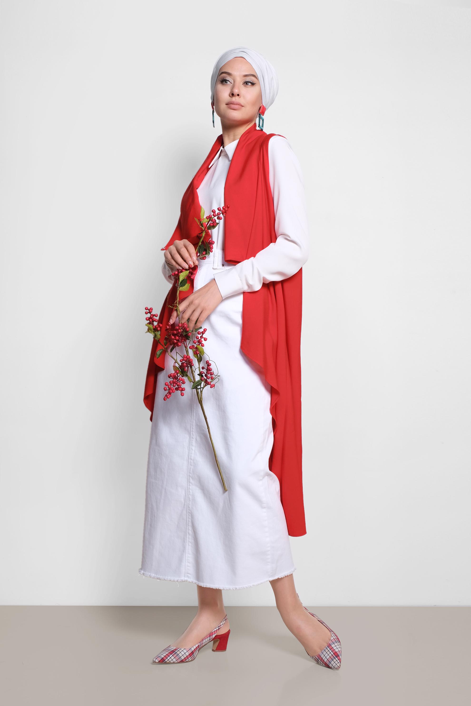 Tesettür giyim KIRMIZI YAKASI ÇITÇITLI ASİMETRİK YELEK 4094