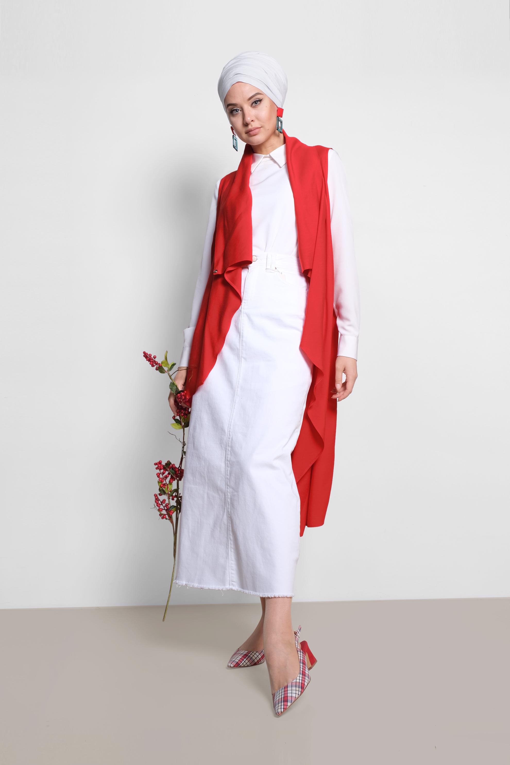 Tesettür giyim KIRMIZI YAKASI ÇITÇITLI ASİMETRİK YELEK 4094