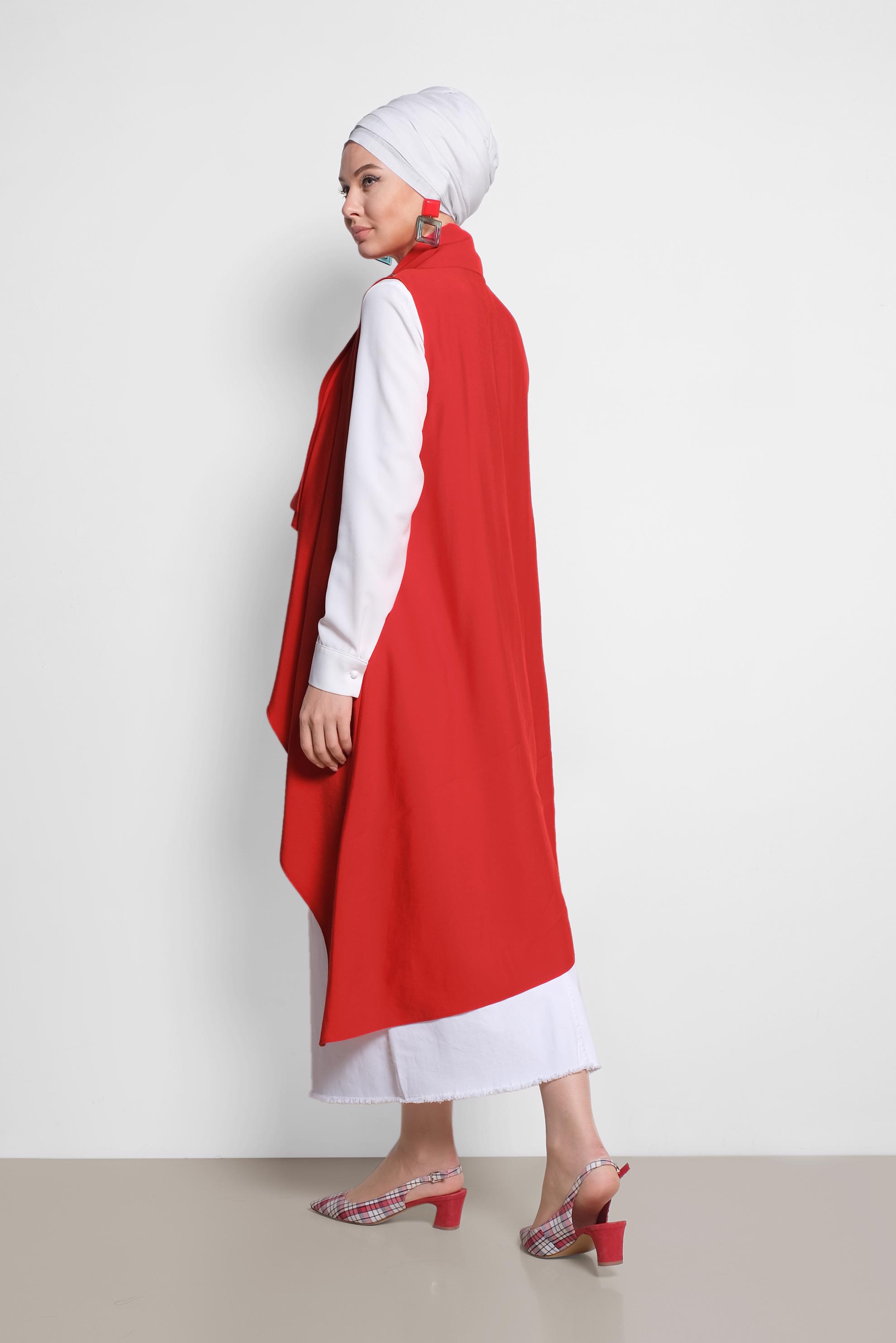 Tesettür giyim KIRMIZI YAKASI ÇITÇITLI ASİMETRİK YELEK 4094