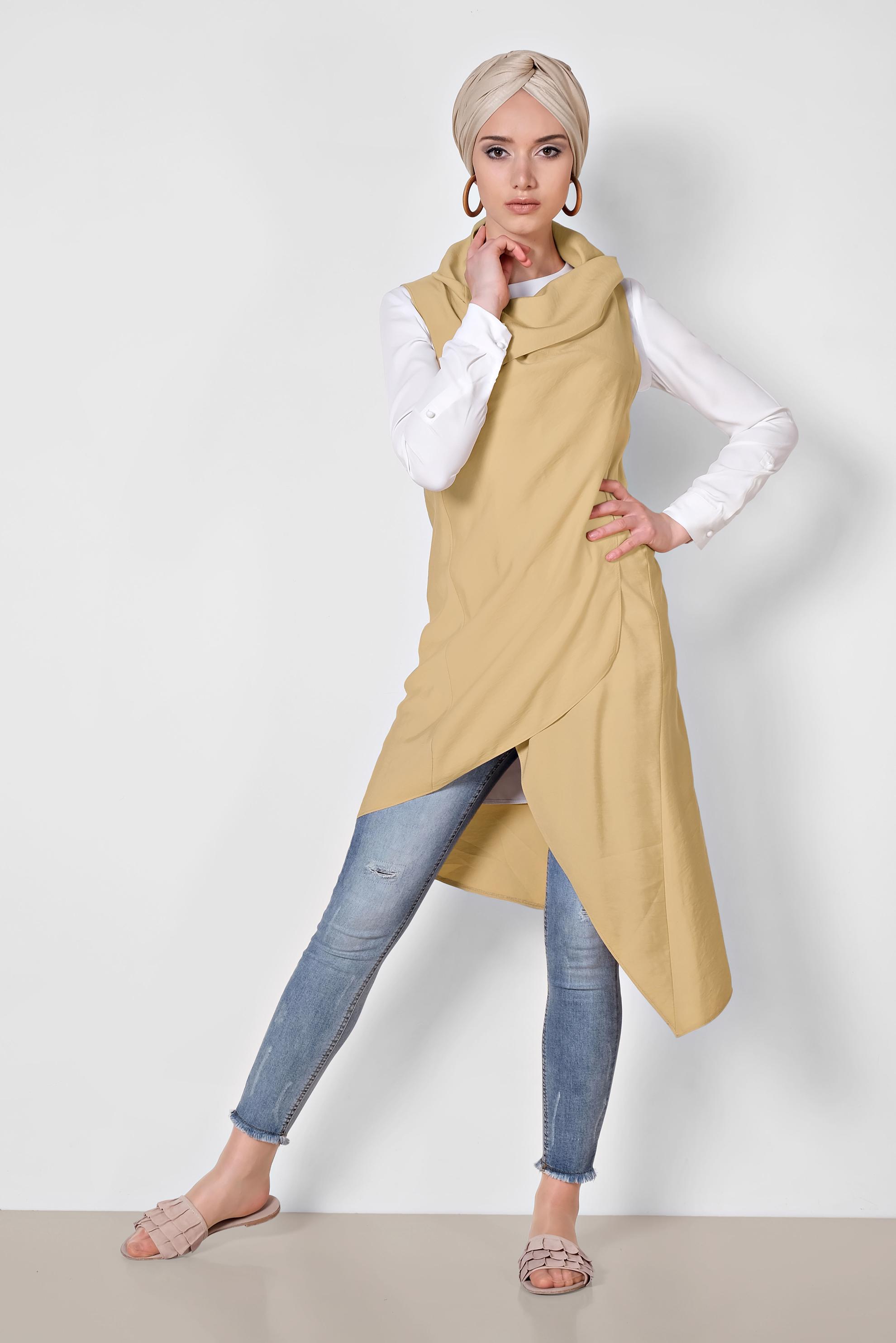 Tesettür giyim SARI YAKASI ÇITÇITLI ASİMETRİK YELEK 4094