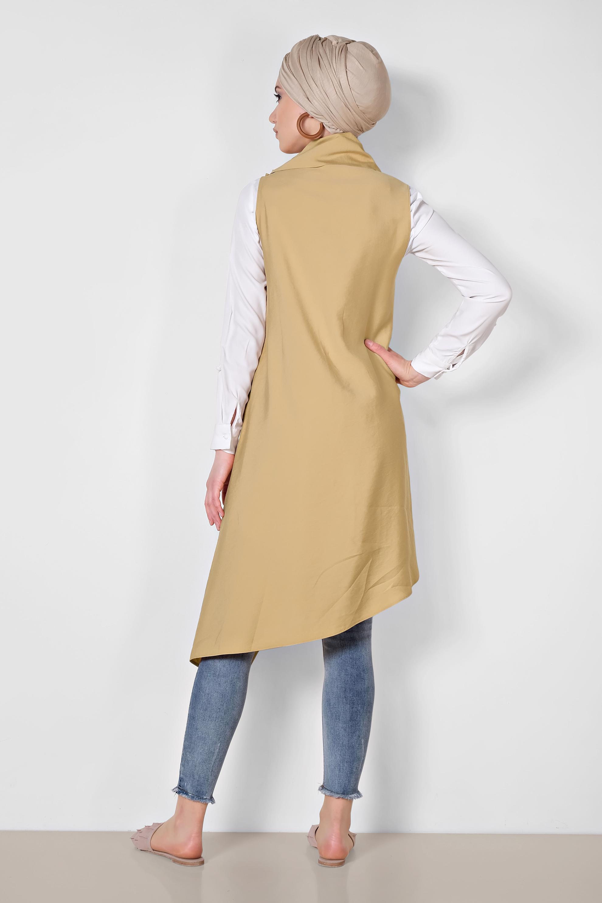 Tesettür giyim SARI YAKASI ÇITÇITLI ASİMETRİK YELEK 4094