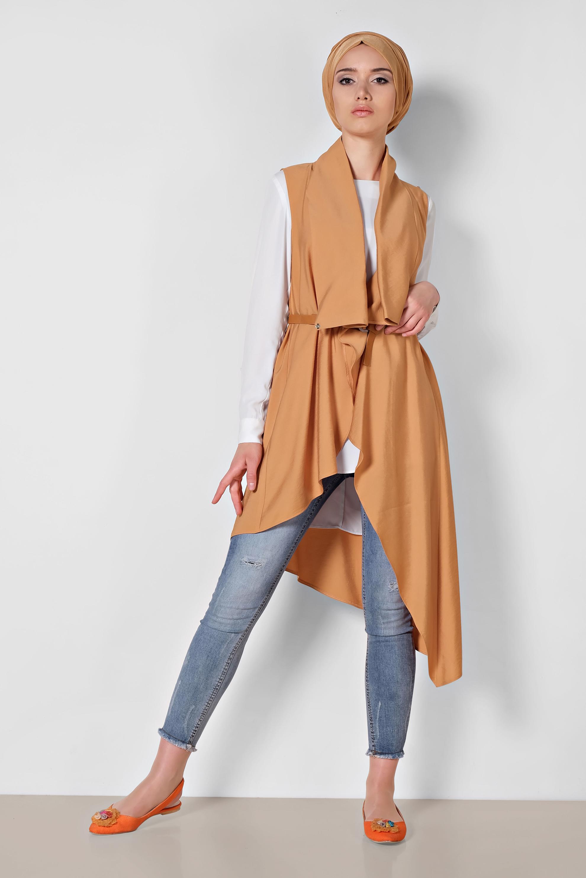 Tesettür giyim TURUNCU YAKASI ÇITÇITLI ASİMETRİK YELEK 4094