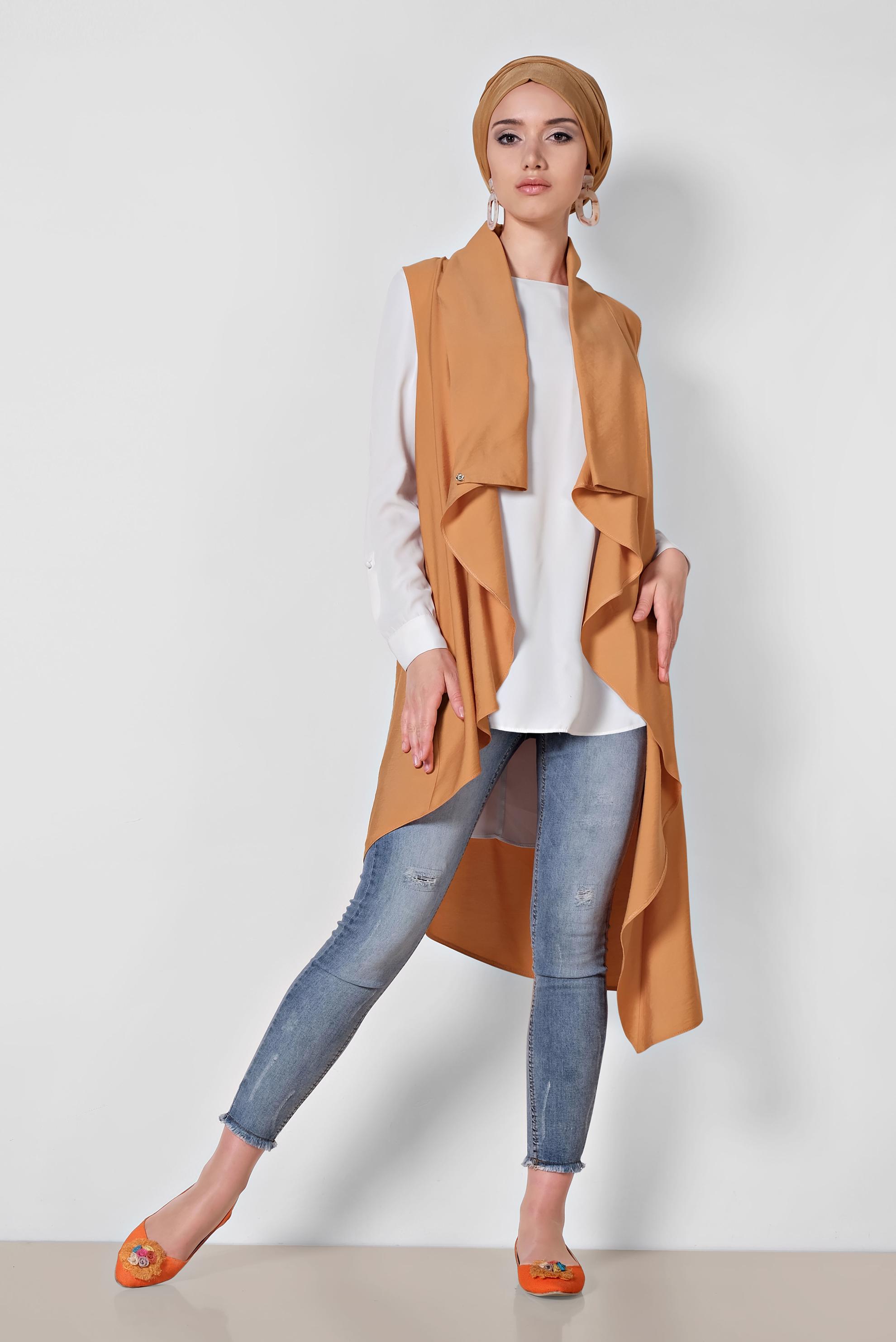 Tesettür giyim TURUNCU YAKASI ÇITÇITLI ASİMETRİK YELEK 4094