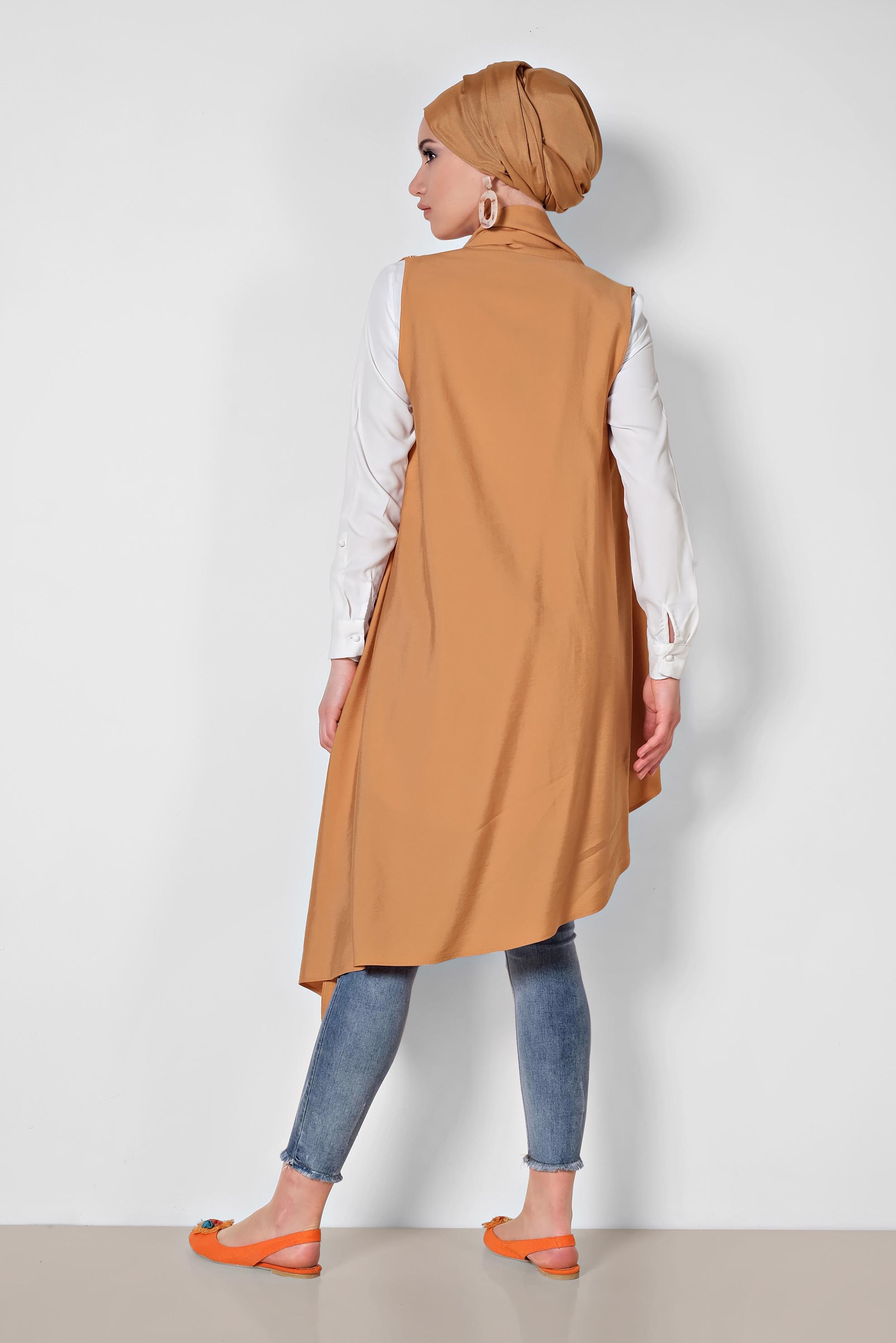 Tesettür giyim TURUNCU YAKASI ÇITÇITLI ASİMETRİK YELEK 4094