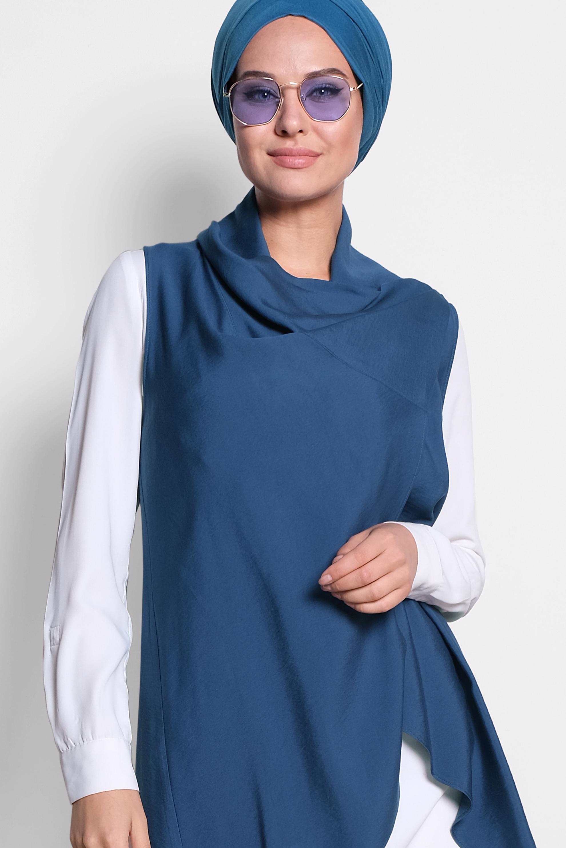 Tesettür giyim LACİVERT YAKASI ÇITÇITLI ASİMETRİK YELEK 4094