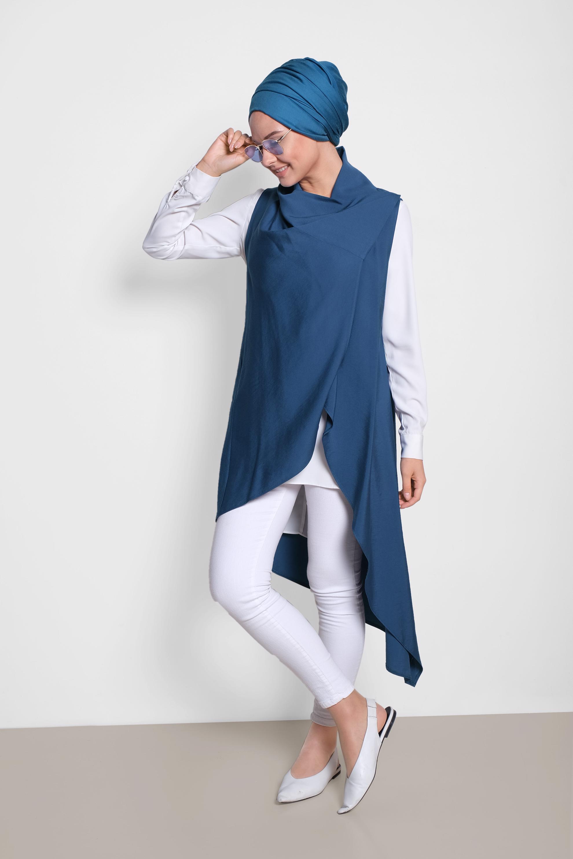 Tesettür giyim LACİVERT YAKASI ÇITÇITLI ASİMETRİK YELEK 4094