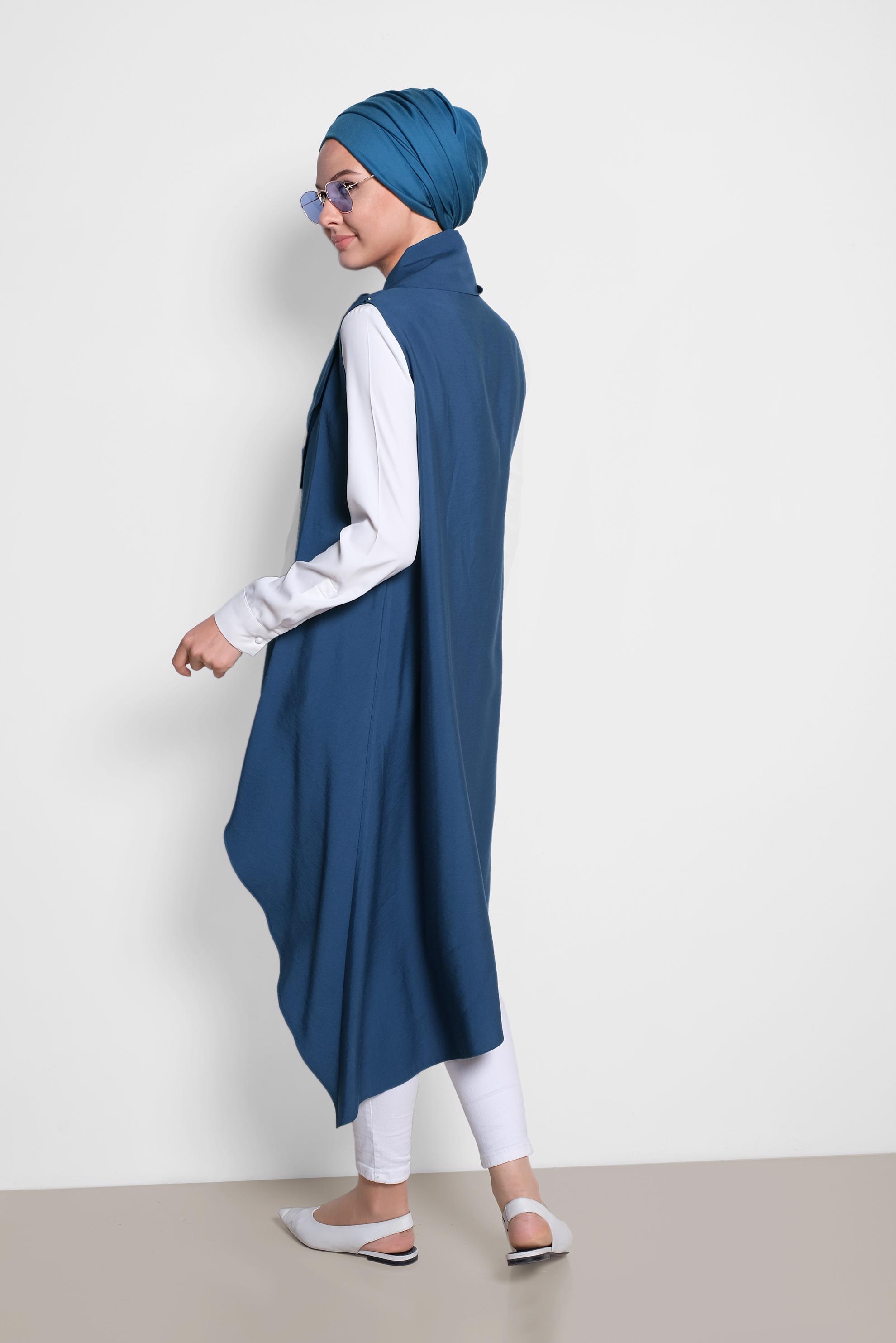 Tesettür giyim LACİVERT YAKASI ÇITÇITLI ASİMETRİK YELEK 4094