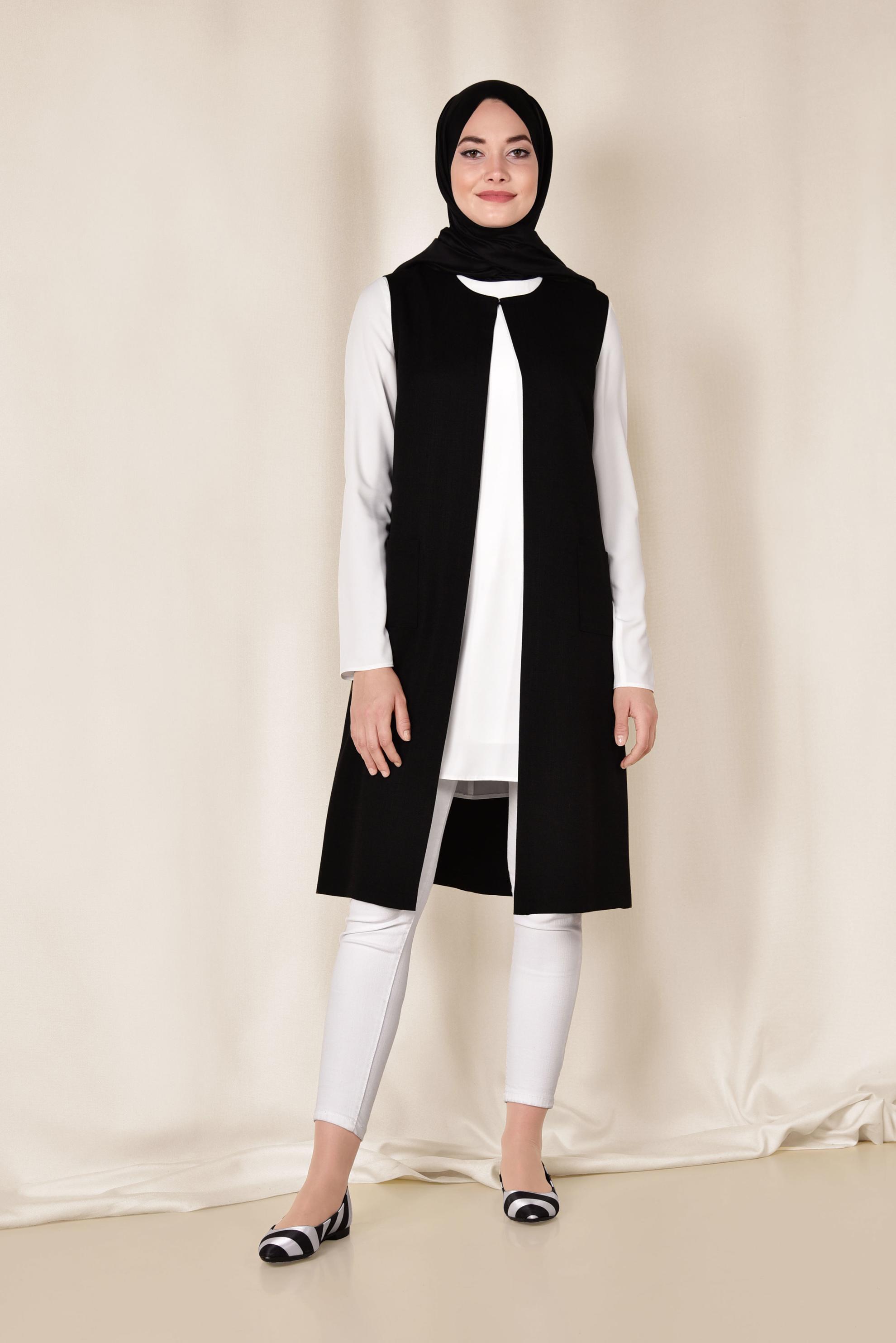 Tesettür giyim SİYAH CEPLİ YUVARLAK YAKA YELEK 4153