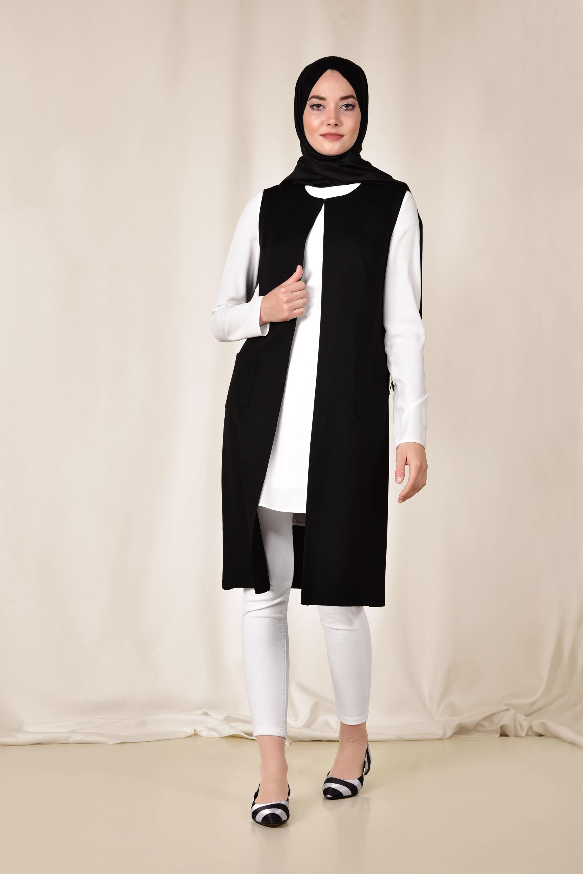 Tesettür giyim SİYAH CEPLİ YUVARLAK YAKA YELEK 4153