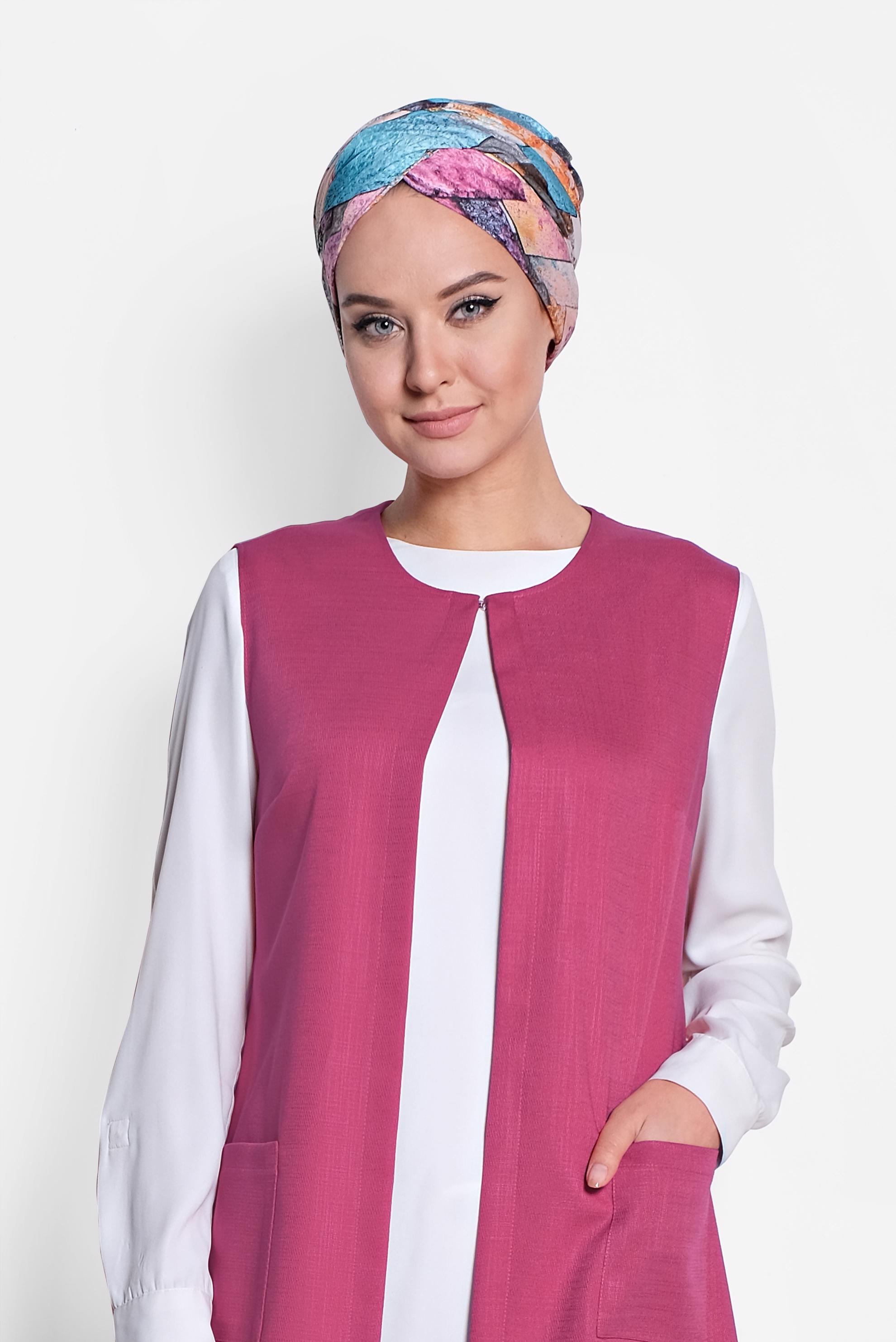 Tesettür giyim FUŞYA CEPLİ YUVARLAK YAKA YELEK 4153