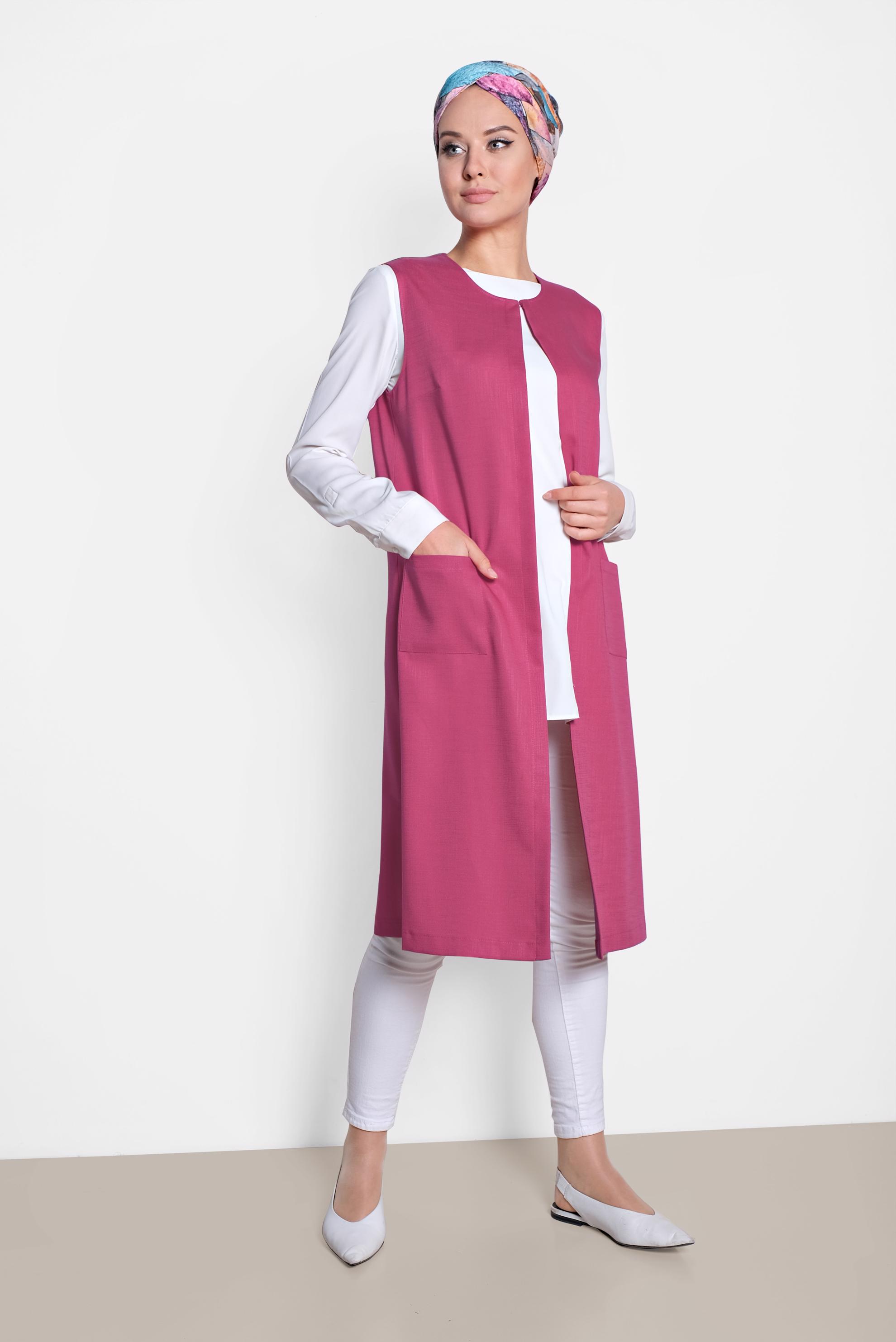 Tesettür giyim FUŞYA CEPLİ YUVARLAK YAKA YELEK 4153