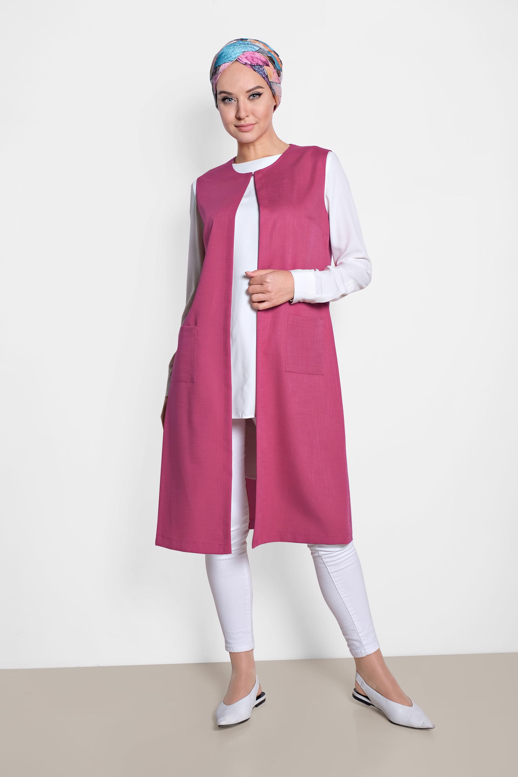 Tesettür giyim FUŞYA CEPLİ YUVARLAK YAKA YELEK 4153