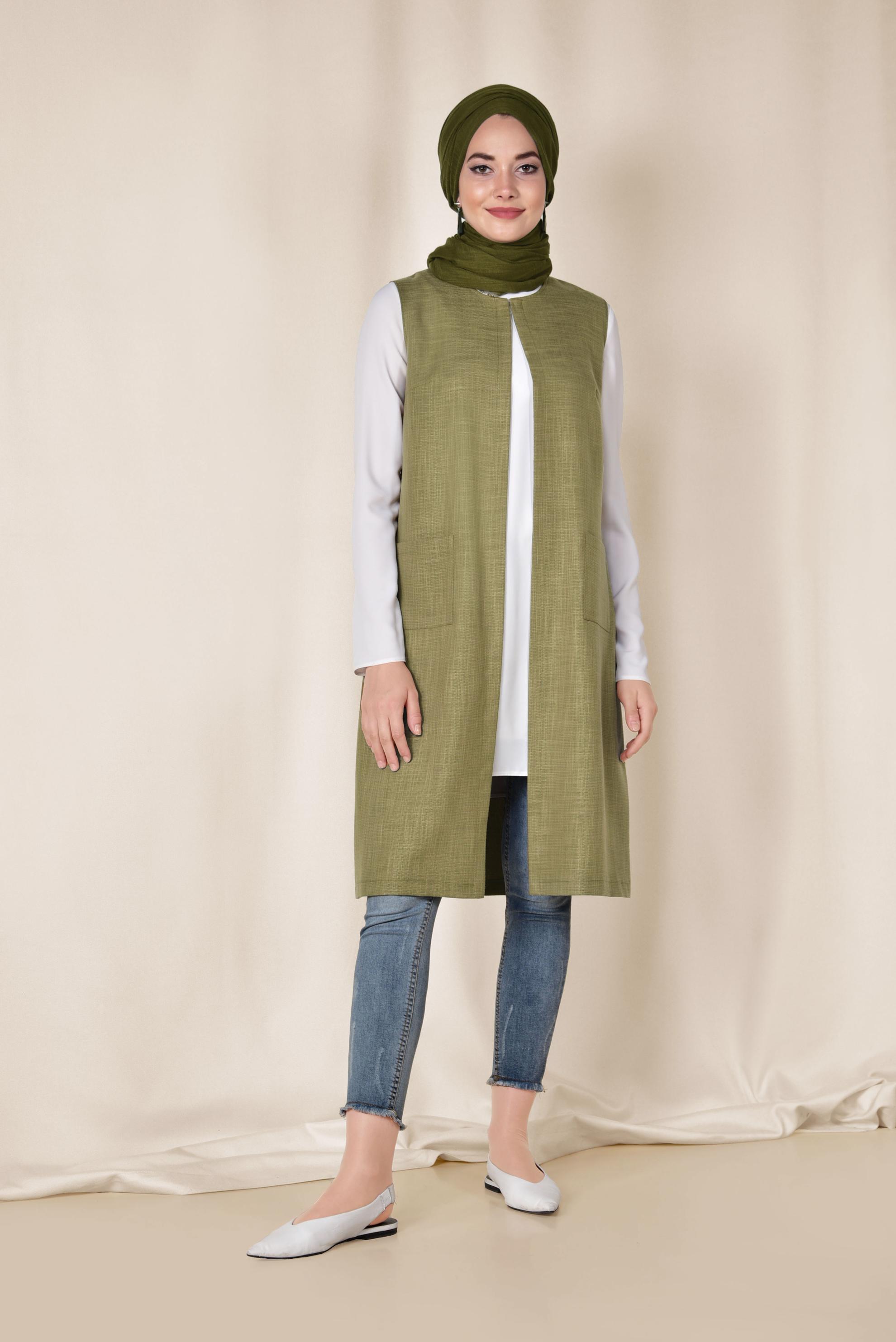 Tesettür giyim YEŞİL CEPLİ YUVARLAK YAKA YELEK 4153