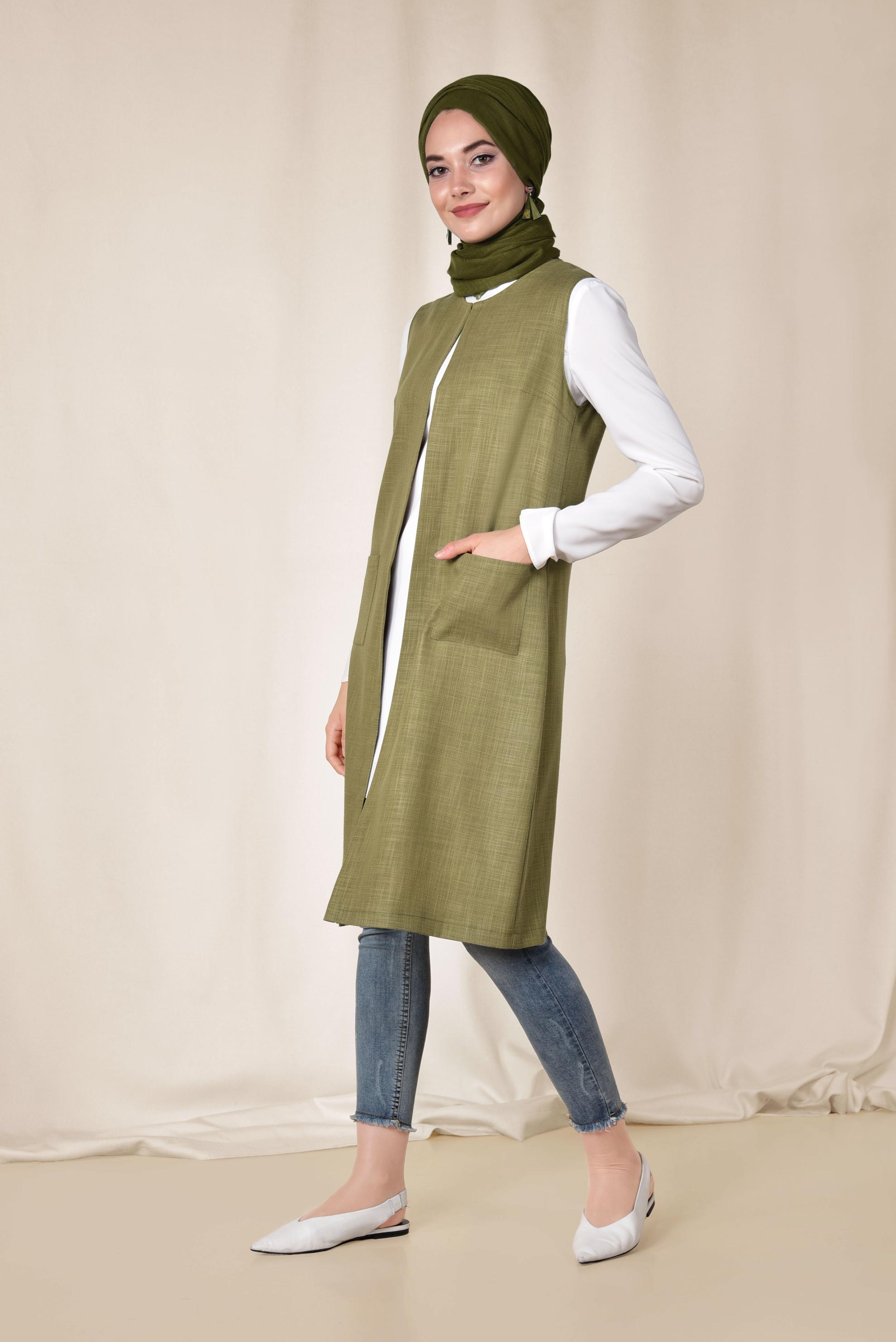 Tesettür giyim YEŞİL CEPLİ YUVARLAK YAKA YELEK 4153