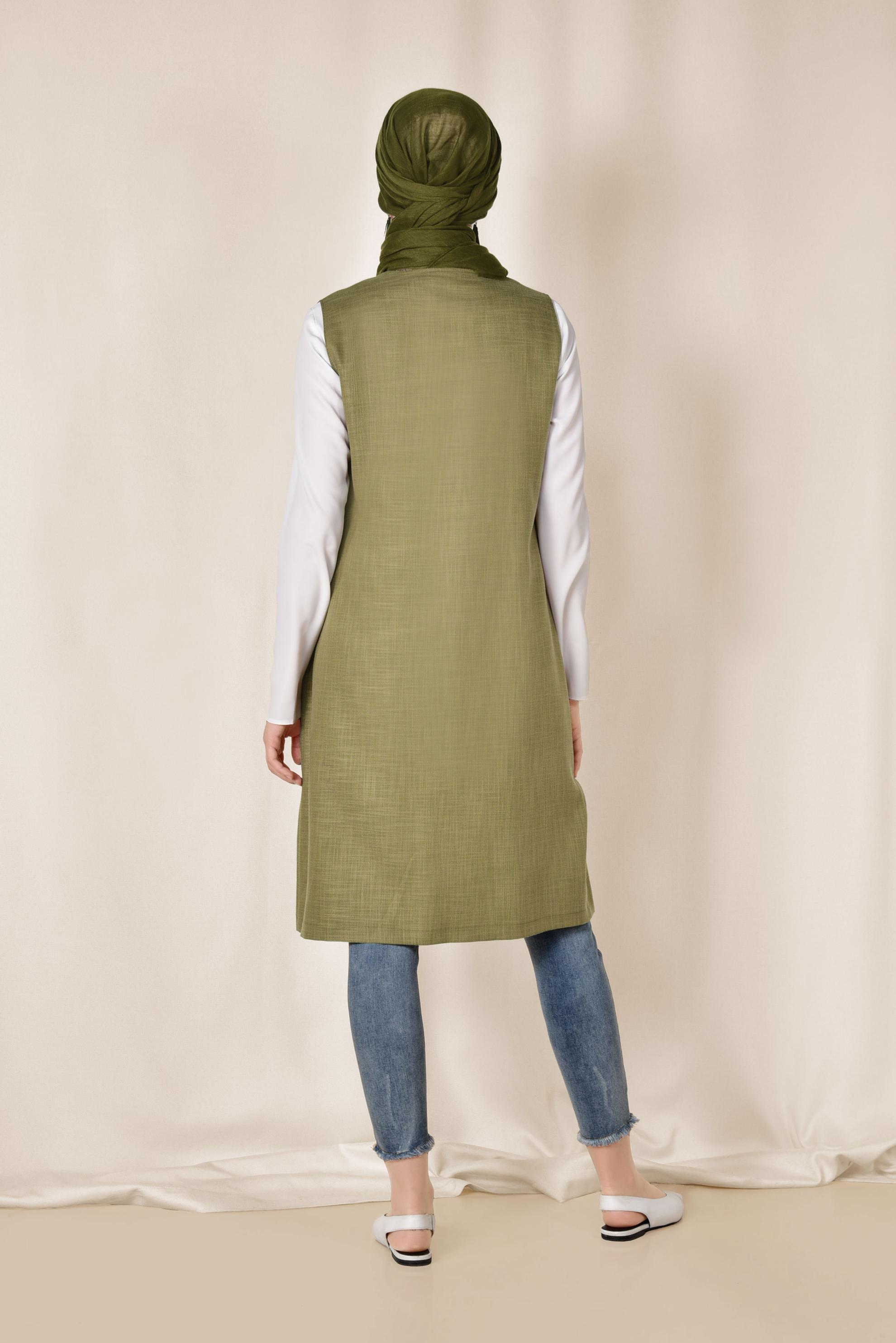 Tesettür giyim YEŞİL CEPLİ YUVARLAK YAKA YELEK 4153