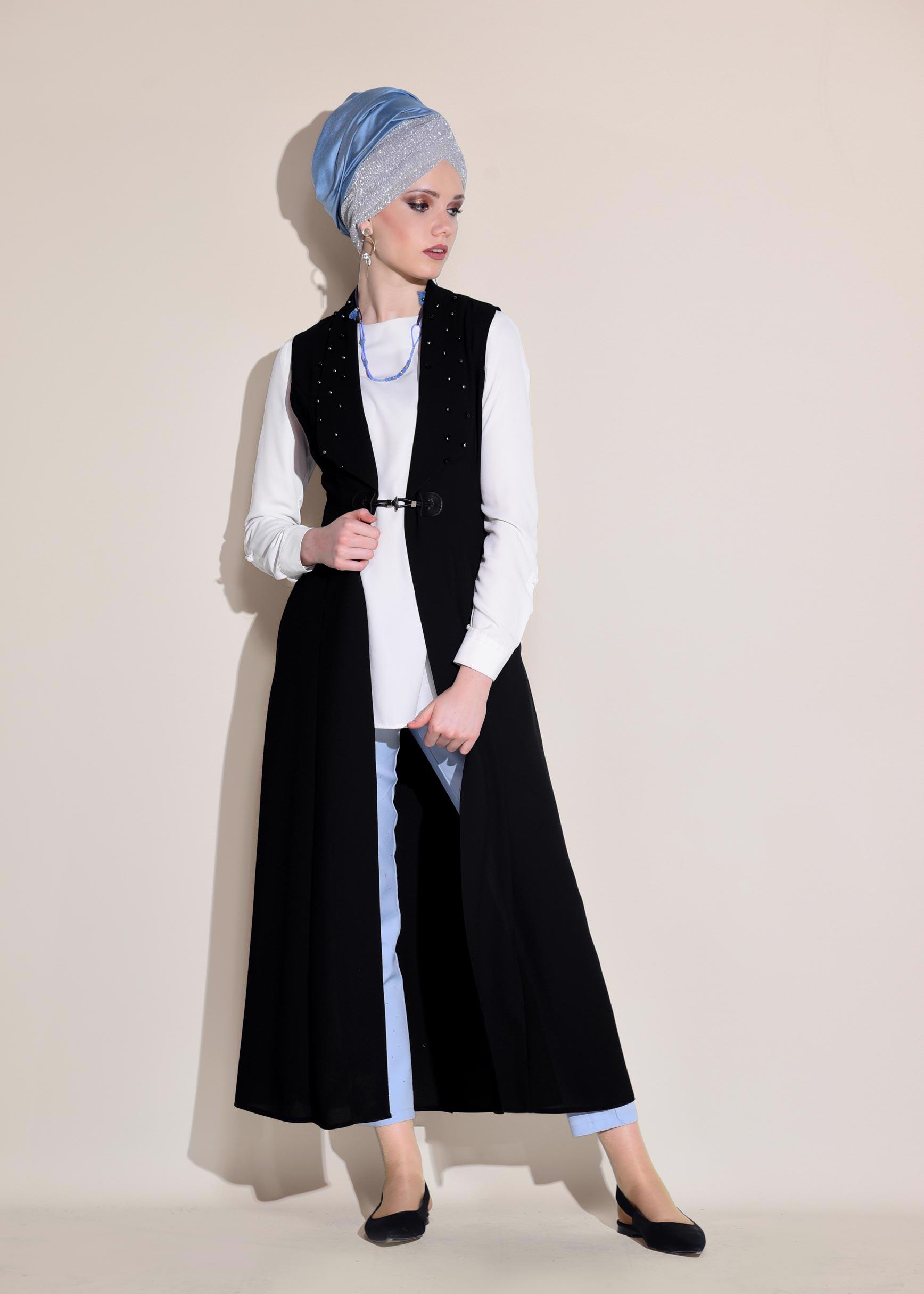 Tesettür giyim SİYAH İNCİ DETAYLI CEPLİ UZUN YELEK 4166