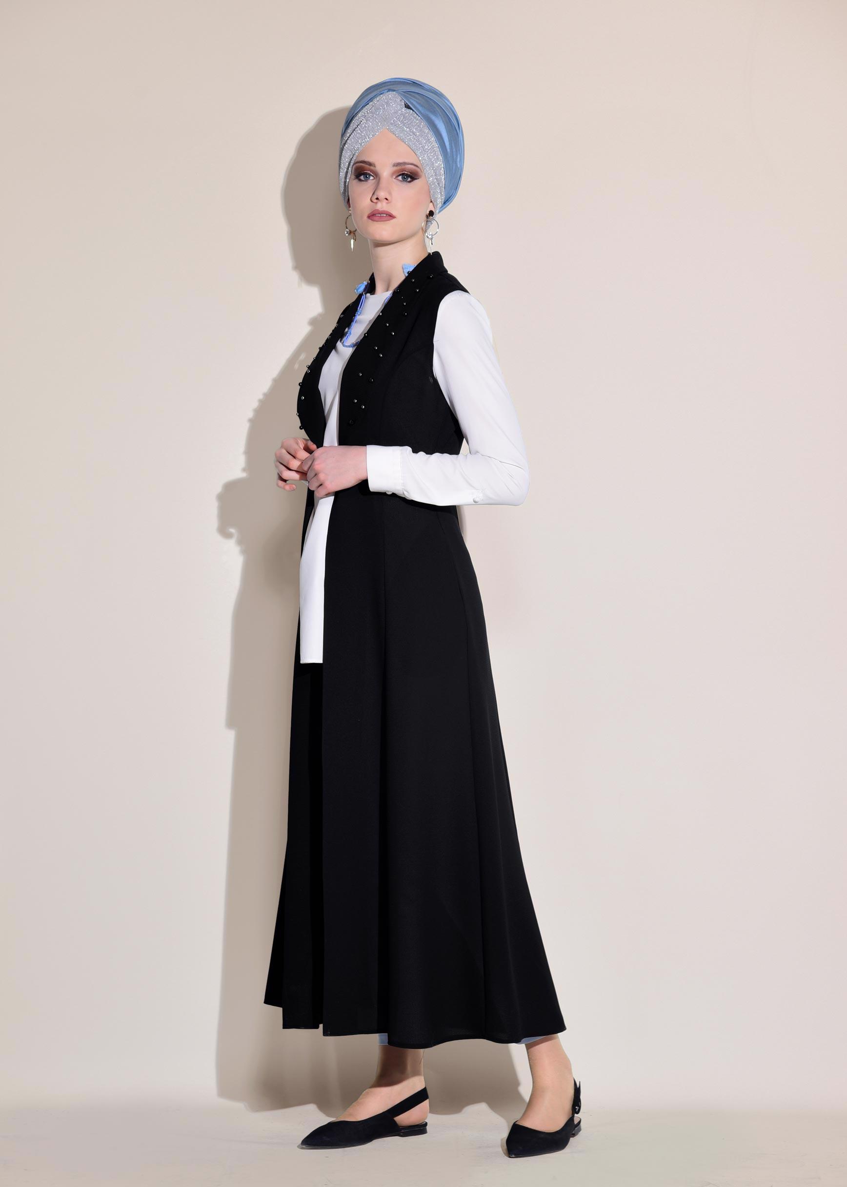 Tesettür giyim SİYAH İNCİ DETAYLI CEPLİ UZUN YELEK 4166