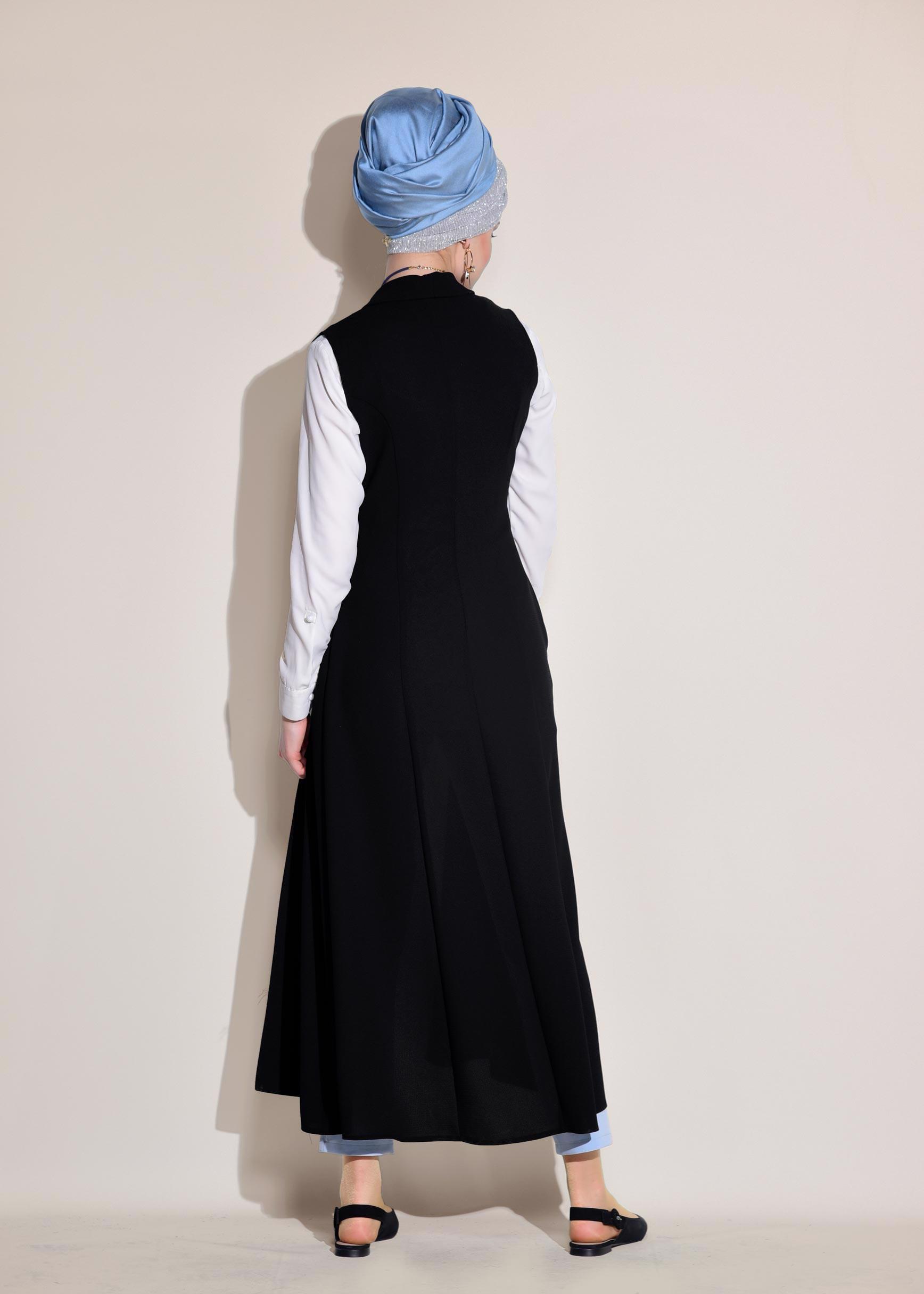 Tesettür giyim SİYAH İNCİ DETAYLI CEPLİ UZUN YELEK 4166