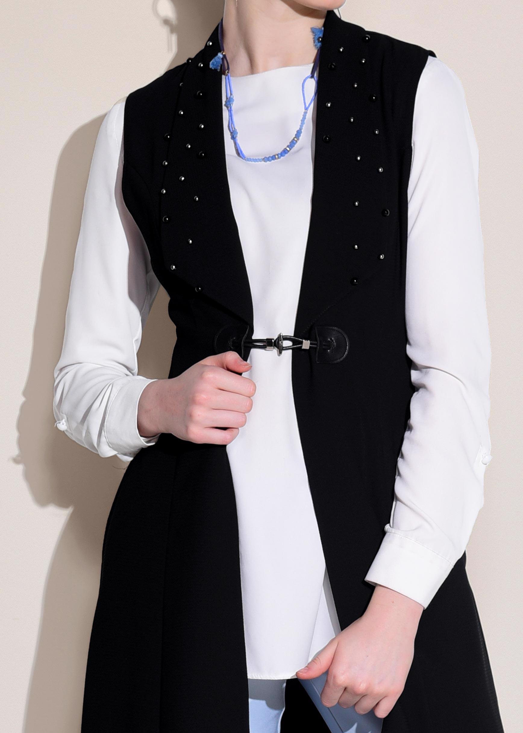 Tesettür giyim SİYAH İNCİ DETAYLI CEPLİ UZUN YELEK 4166