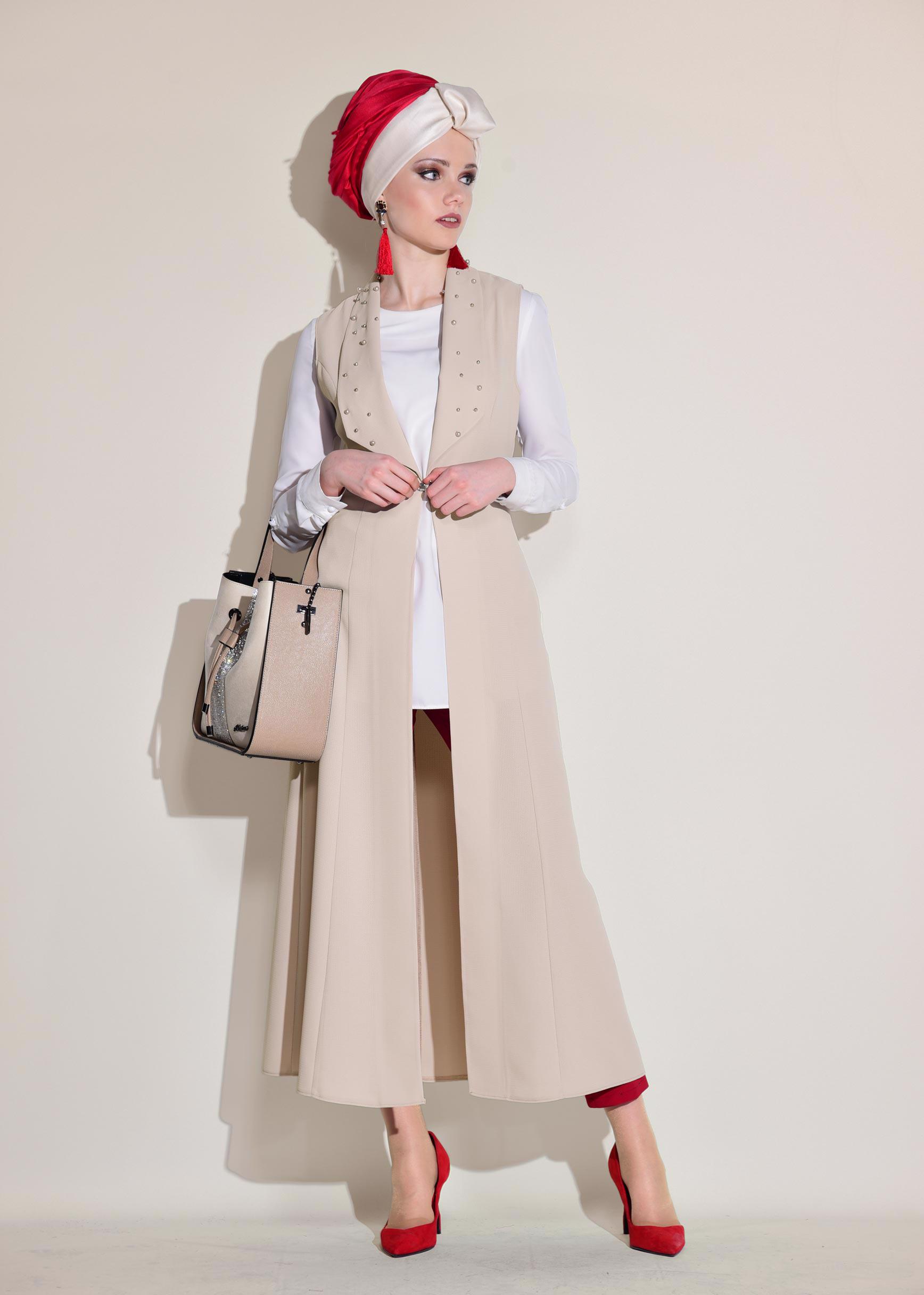 Tesettür giyim BEJ İNCİ DETAYLI CEPLİ UZUN YELEK 4166