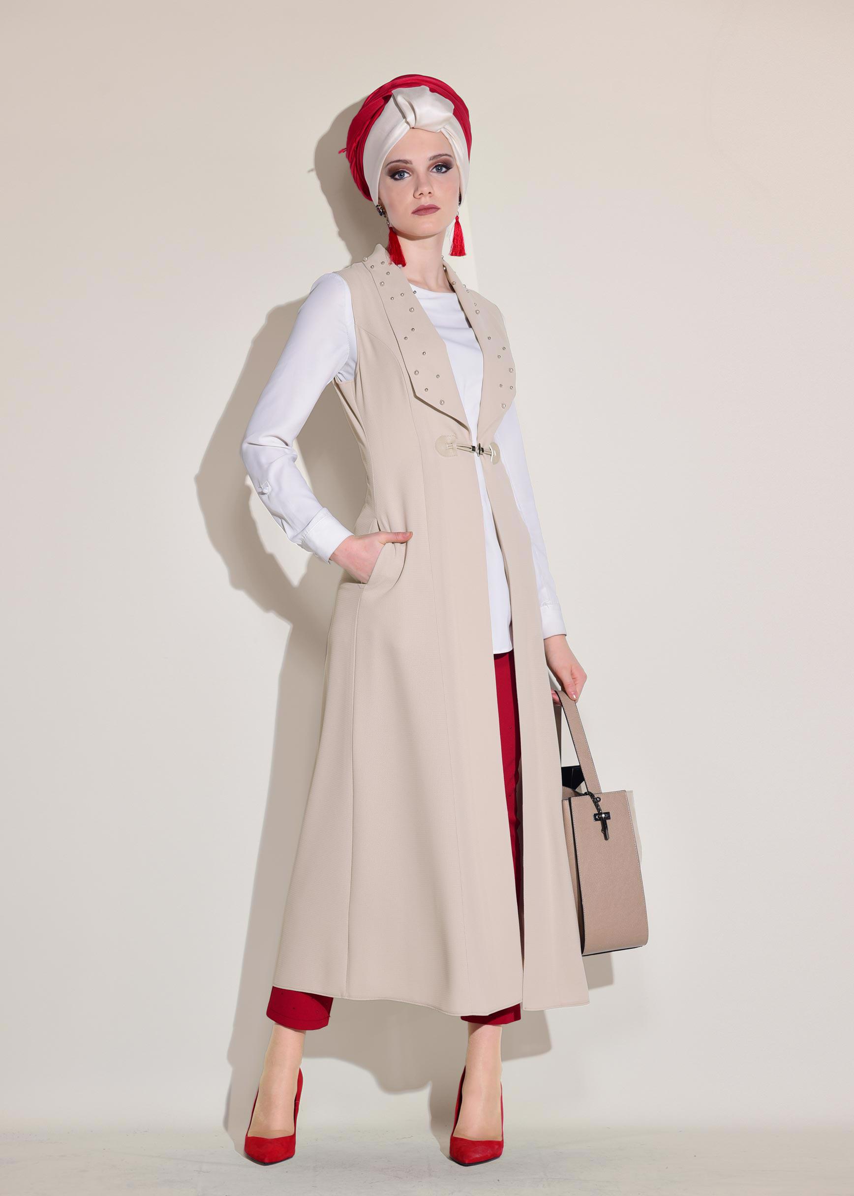 Tesettür giyim BEJ İNCİ DETAYLI CEPLİ UZUN YELEK 4166