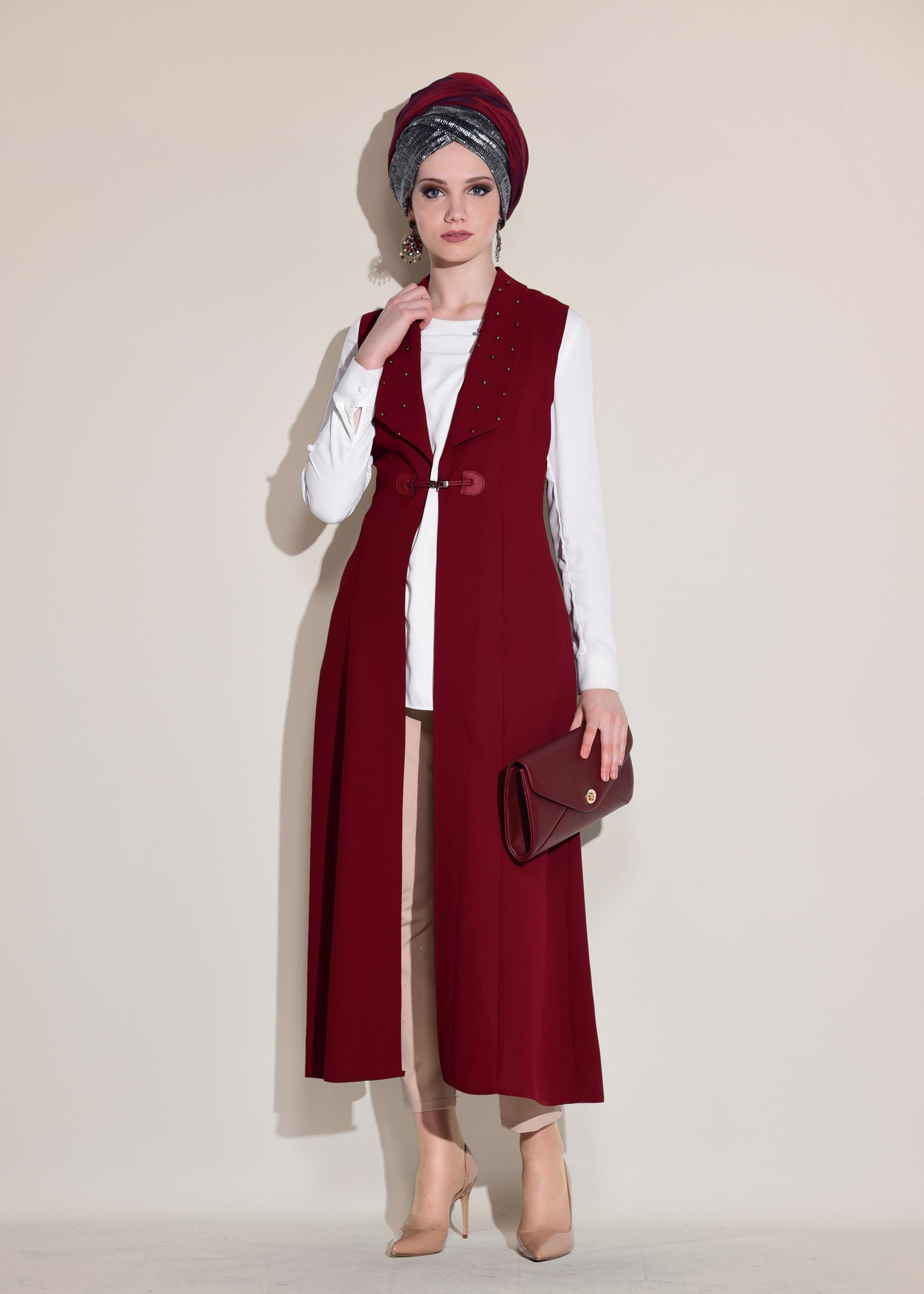 Tesettür giyim BORDO İNCİ DETAYLI CEPLİ UZUN YELEK 4166