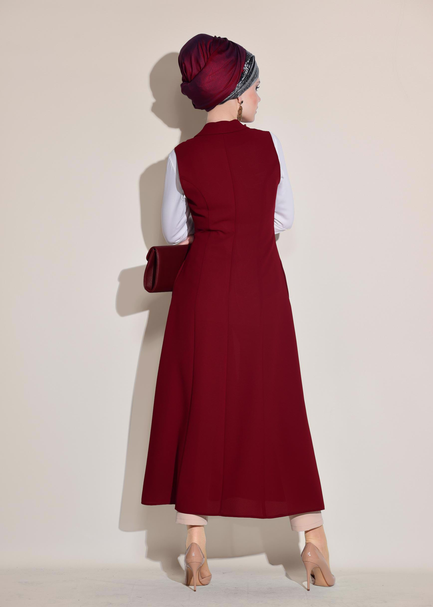 Tesettür giyim BORDO İNCİ DETAYLI CEPLİ UZUN YELEK 4166