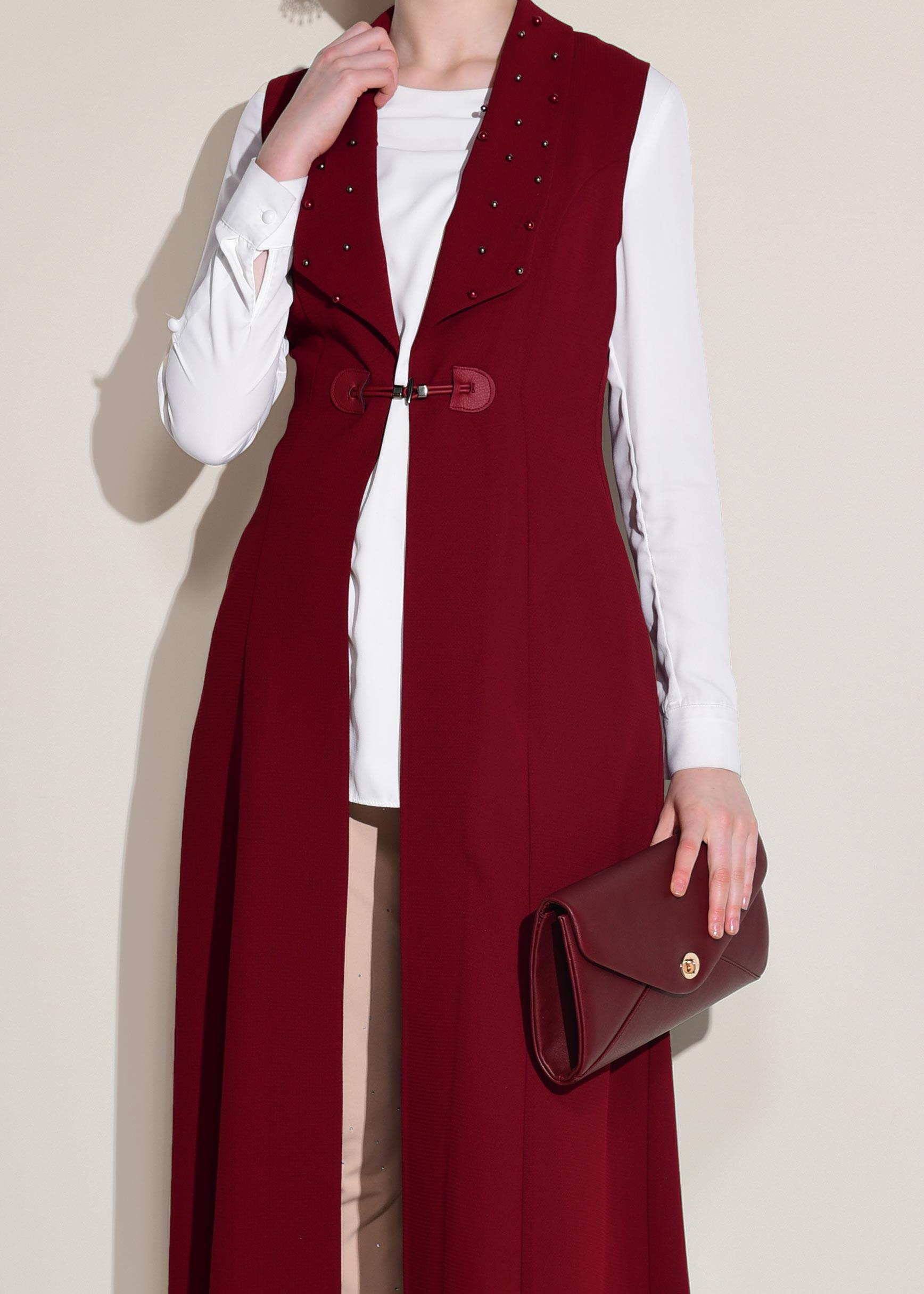 Tesettür giyim BORDO İNCİ DETAYLI CEPLİ UZUN YELEK 4166