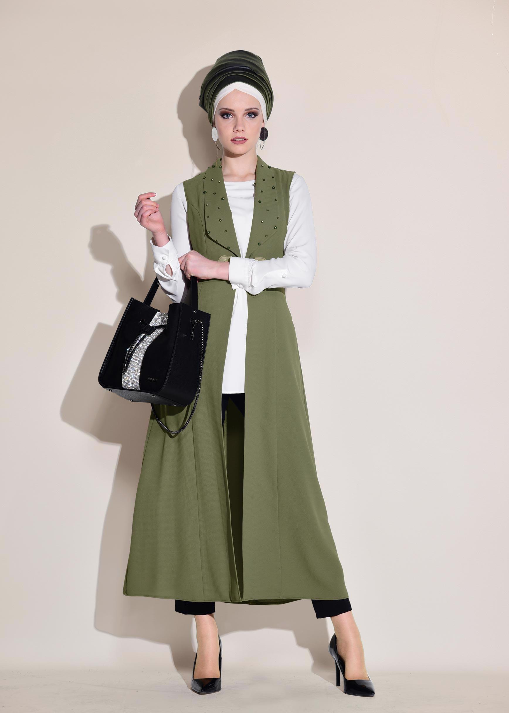 Tesettür giyim HAKİ İNCİ DETAYLI CEPLİ UZUN YELEK 4166