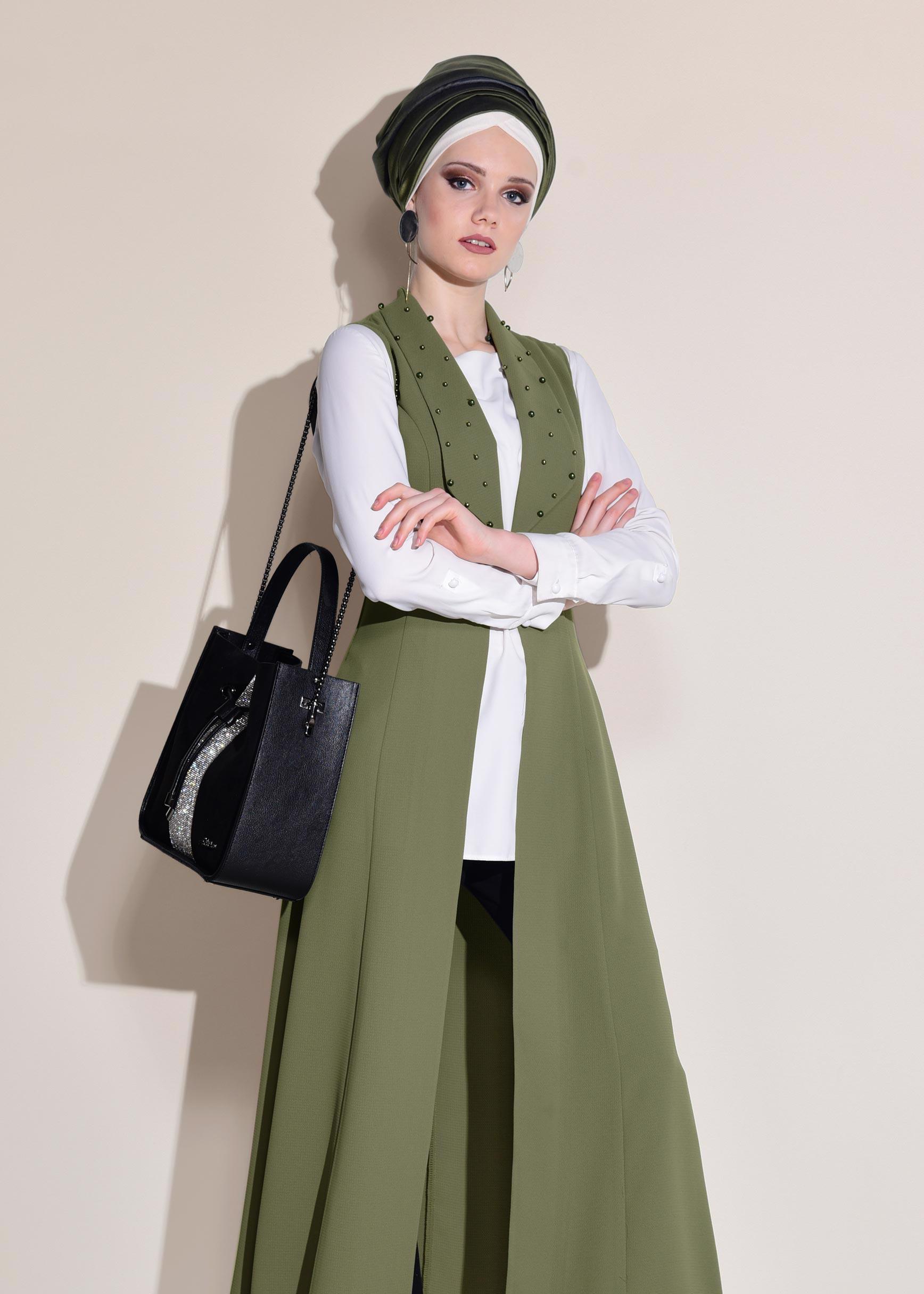 Tesettür giyim HAKİ İNCİ DETAYLI CEPLİ UZUN YELEK 4166