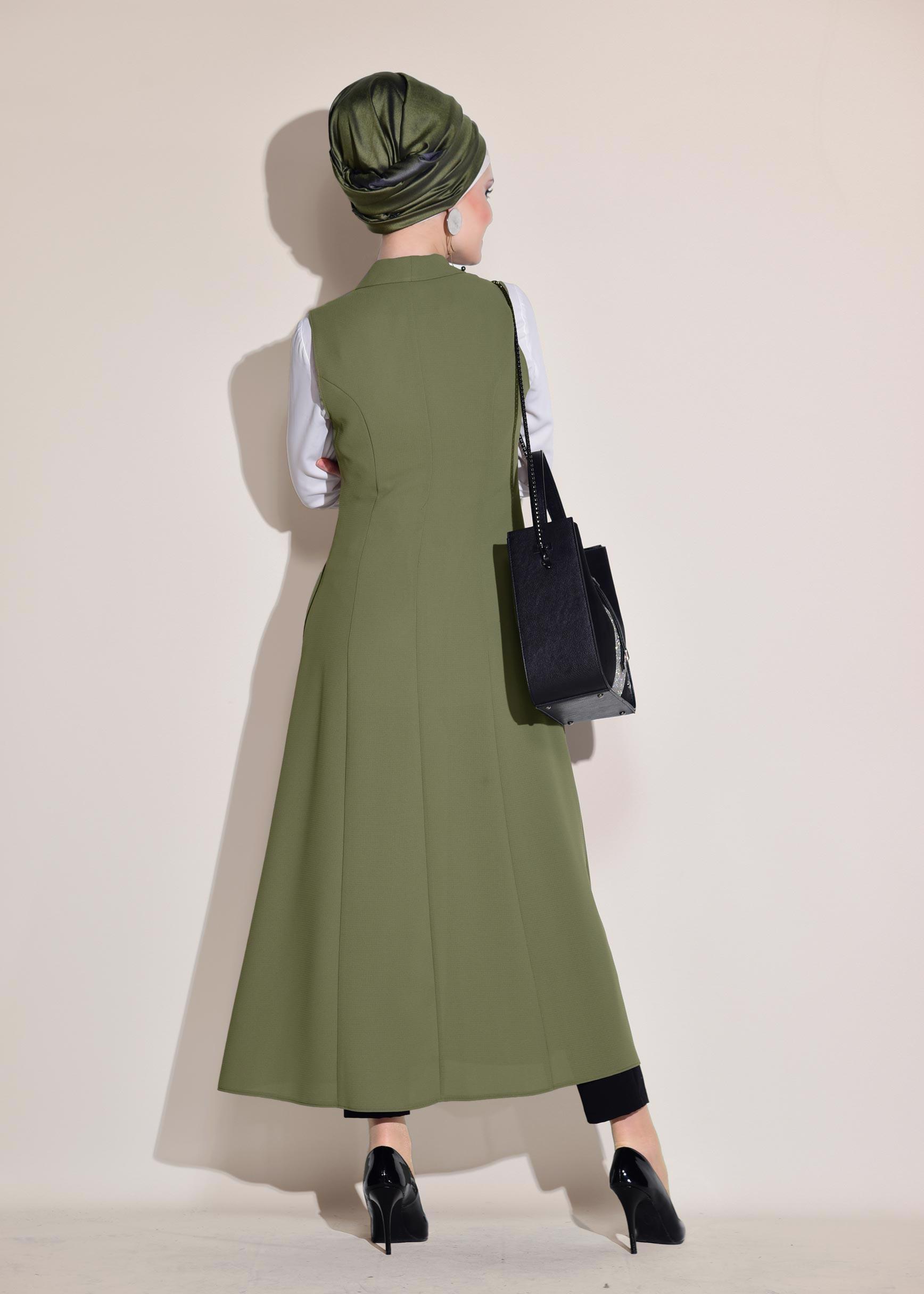 Tesettür giyim HAKİ İNCİ DETAYLI CEPLİ UZUN YELEK 4166