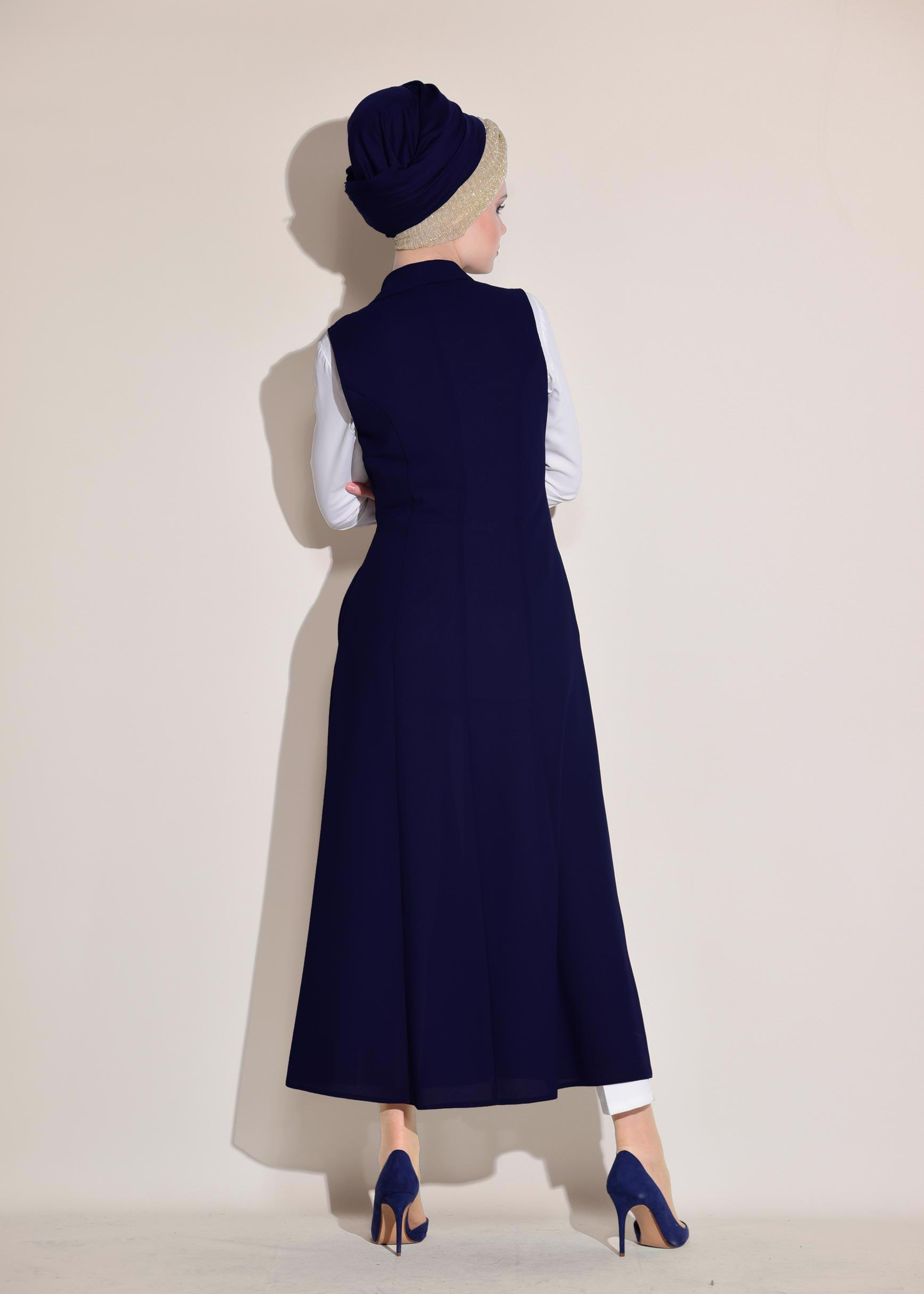 Tesettür giyim LACİVERT İNCİ DETAYLI CEPLİ UZUN YELEK 4166