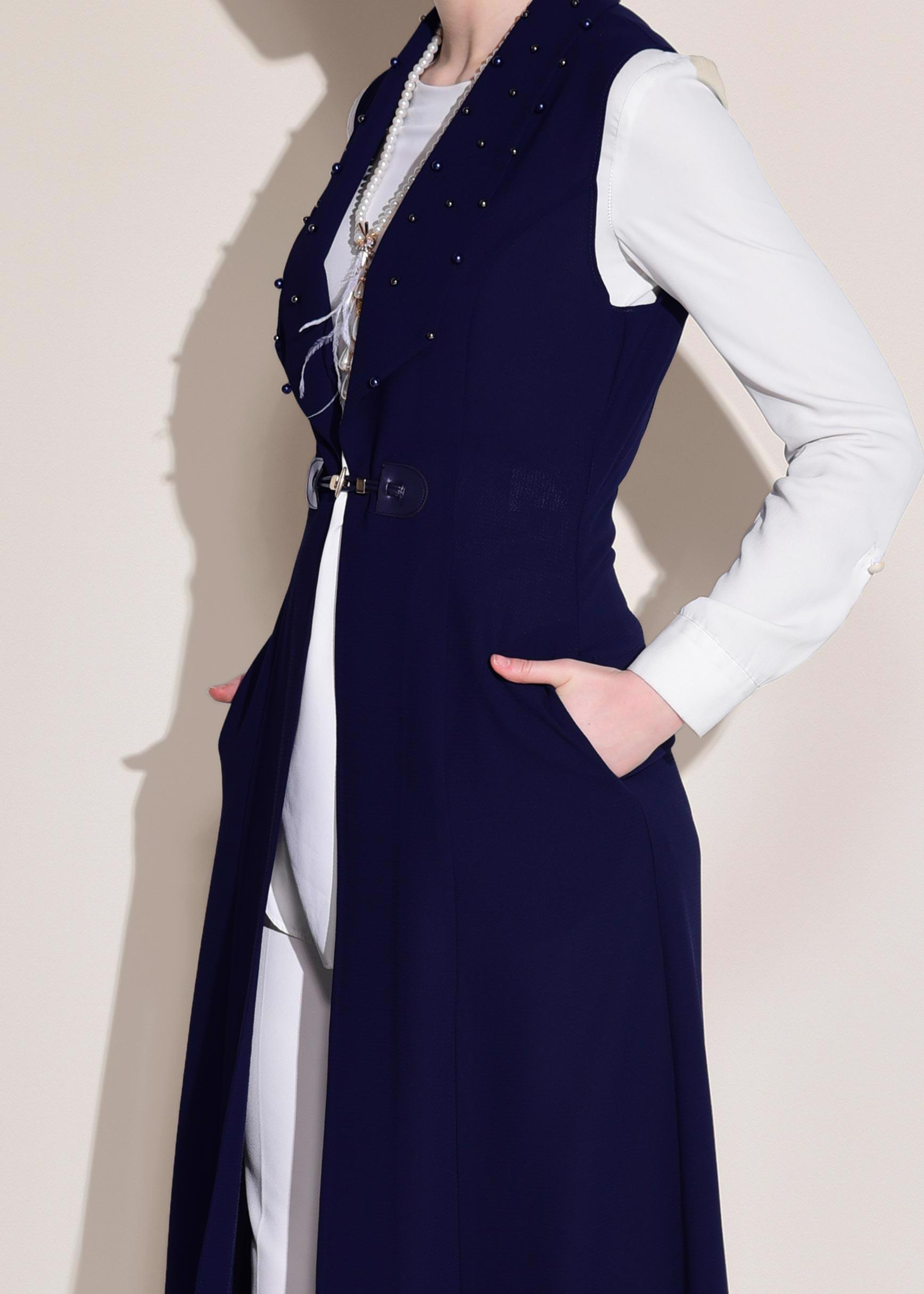 Tesettür giyim LACİVERT İNCİ DETAYLI CEPLİ UZUN YELEK 4166