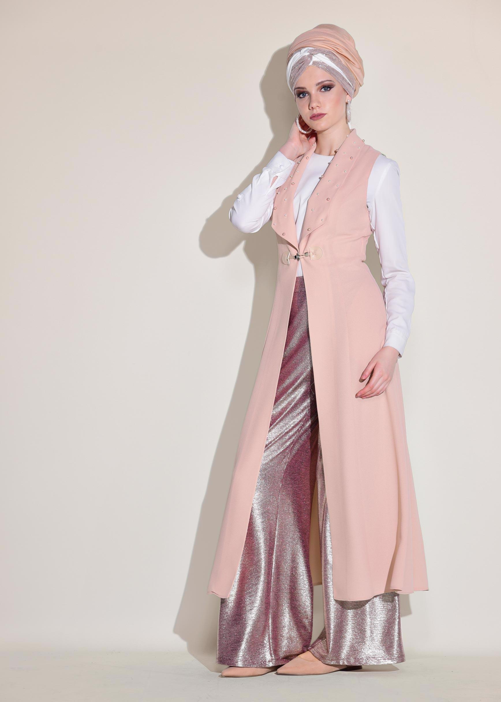 Tesettür giyim PUDRA İNCİ DETAYLI CEPLİ UZUN YELEK 4166