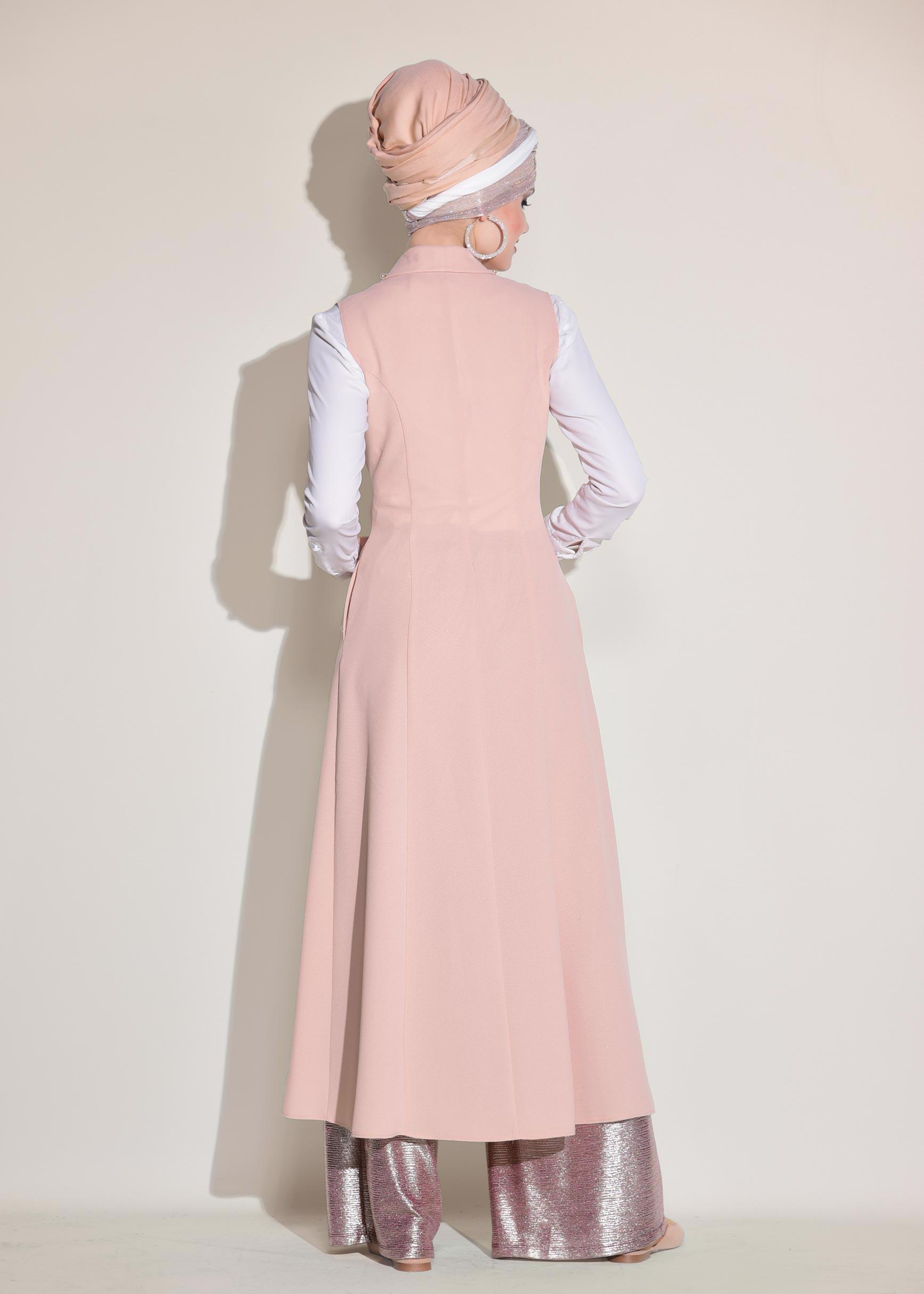 Tesettür giyim PUDRA İNCİ DETAYLI CEPLİ UZUN YELEK 4166