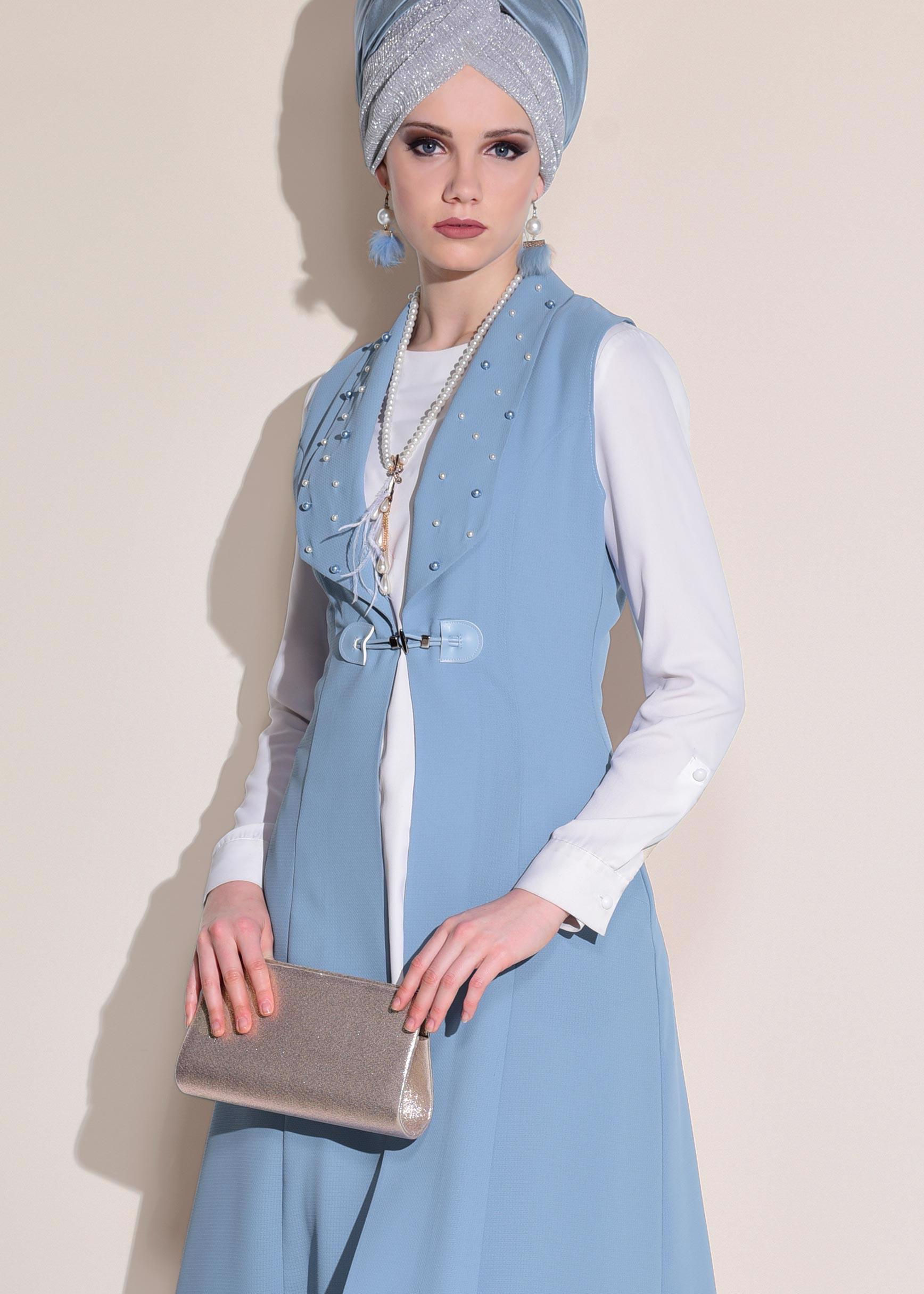 Tesettür giyim MAVİ İNCİ DETAYLI CEPLİ UZUN YELEK 4166