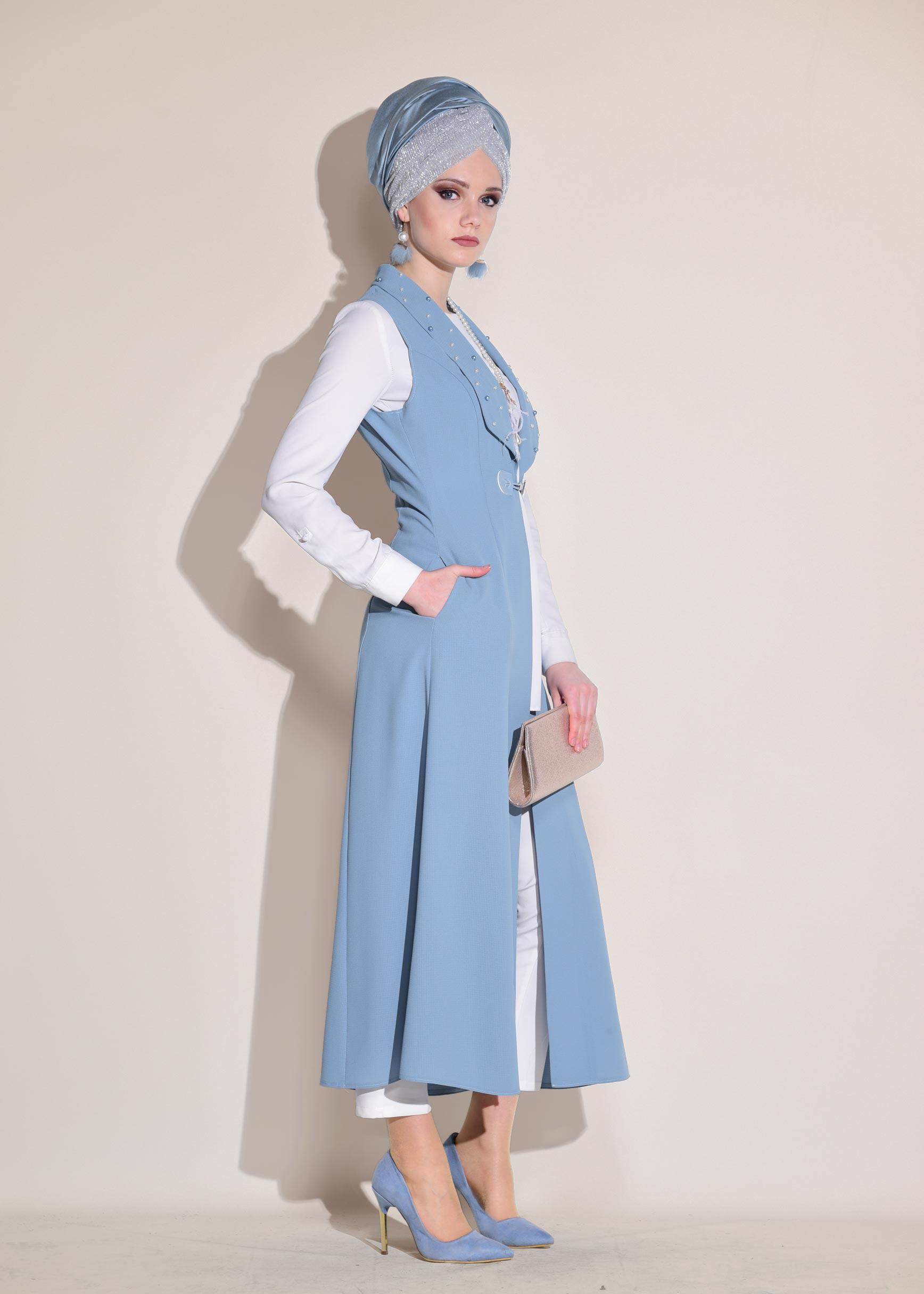 Tesettür giyim MAVİ İNCİ DETAYLI CEPLİ UZUN YELEK 4166