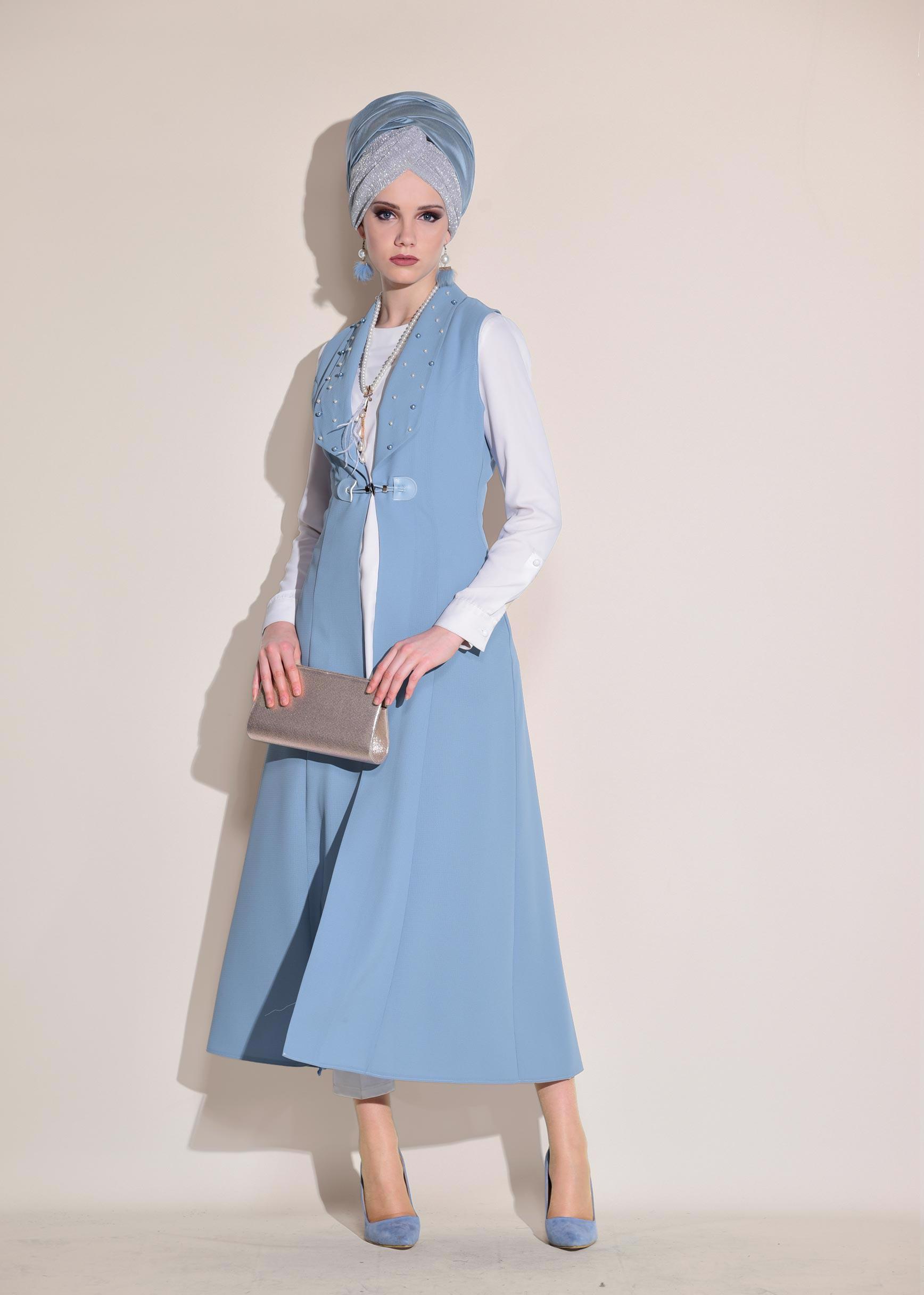 Tesettür giyim MAVİ İNCİ DETAYLI CEPLİ UZUN YELEK 4166