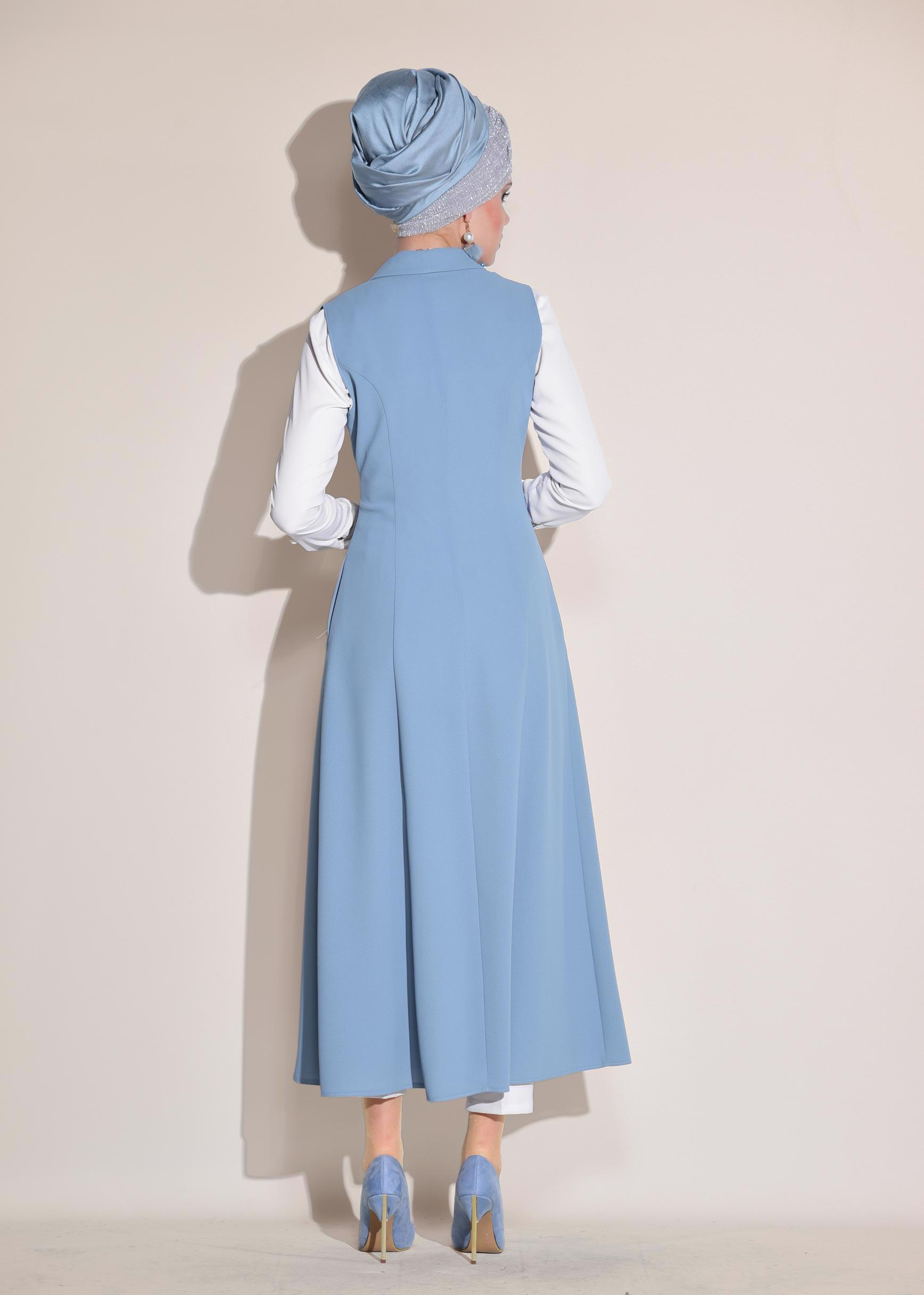 Tesettür giyim MAVİ İNCİ DETAYLI CEPLİ UZUN YELEK 4166