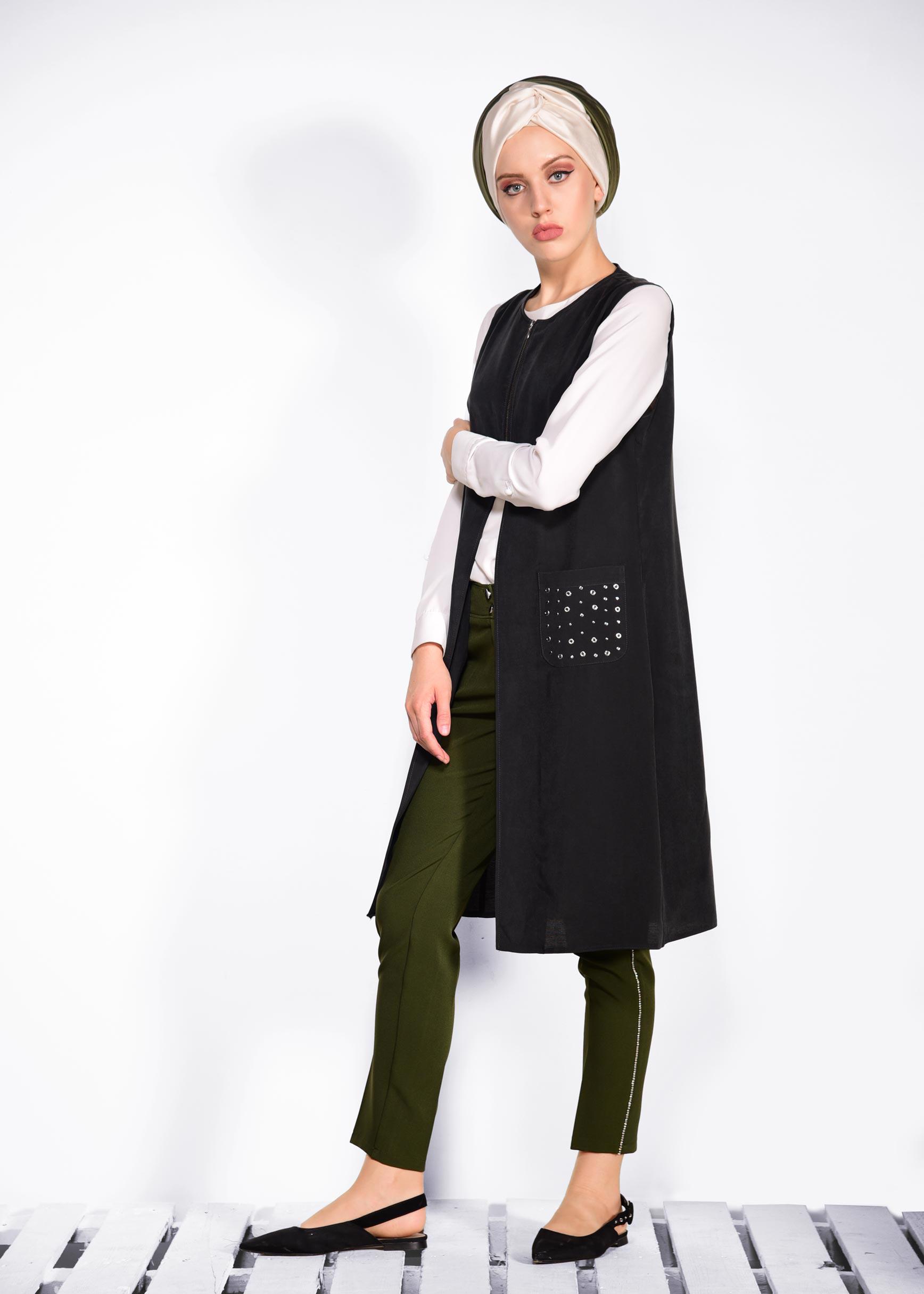 Tesettür giyim SİYAH CEPLERİ ZIMBALI FERMUAR DETAYLI YELEK 4176