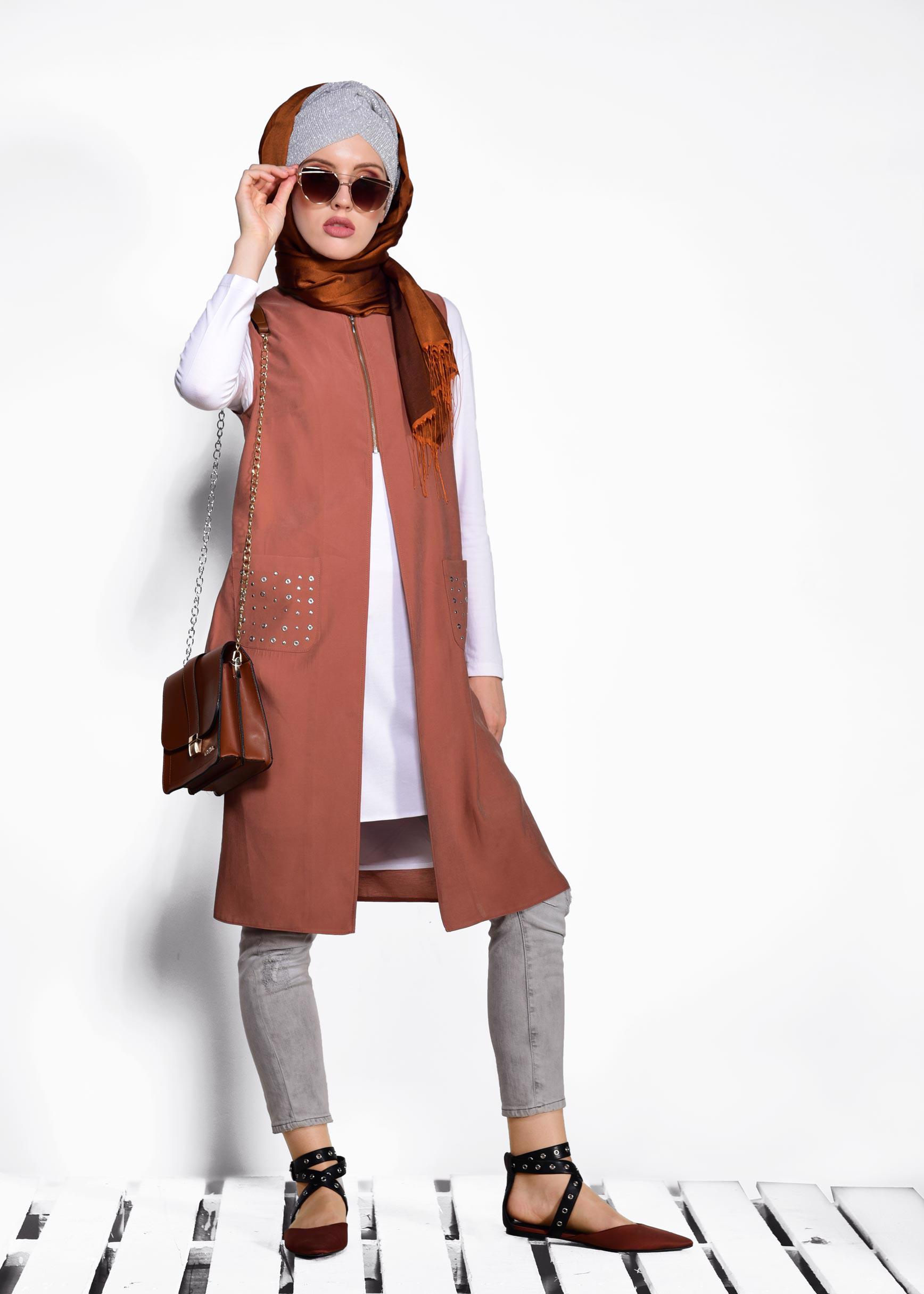 Tesettür giyim TURUNCU CEPLERİ ZIMBALI FERMUAR DETAYLI YELEK 4176