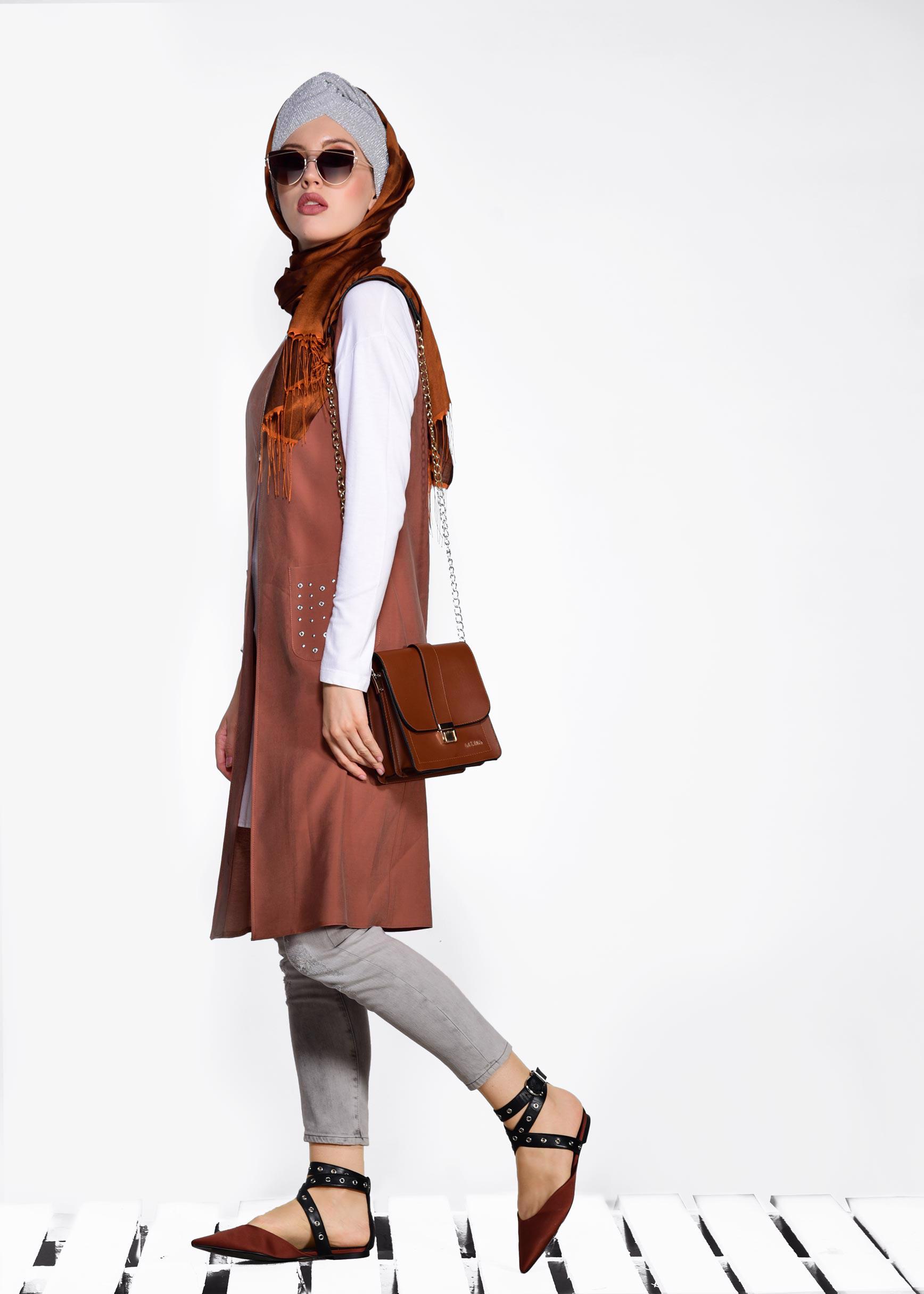 Tesettür giyim TURUNCU CEPLERİ ZIMBALI FERMUAR DETAYLI YELEK 4176