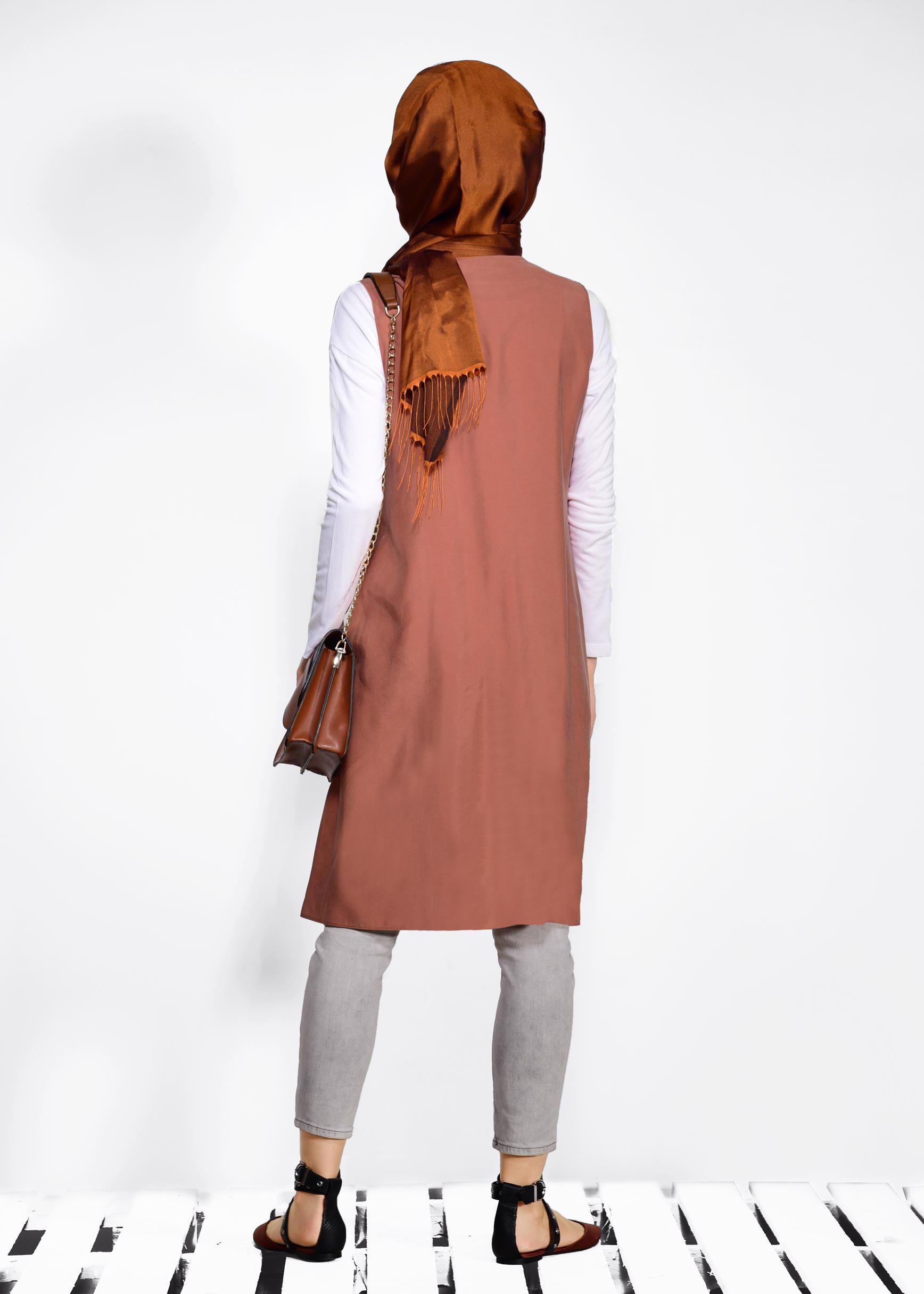 Tesettür giyim TURUNCU CEPLERİ ZIMBALI FERMUAR DETAYLI YELEK 4176