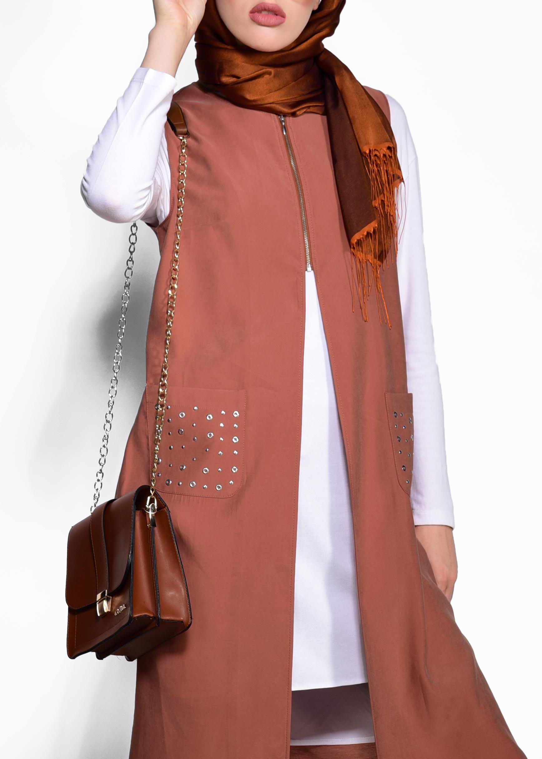 Tesettür giyim TURUNCU CEPLERİ ZIMBALI FERMUAR DETAYLI YELEK 4176