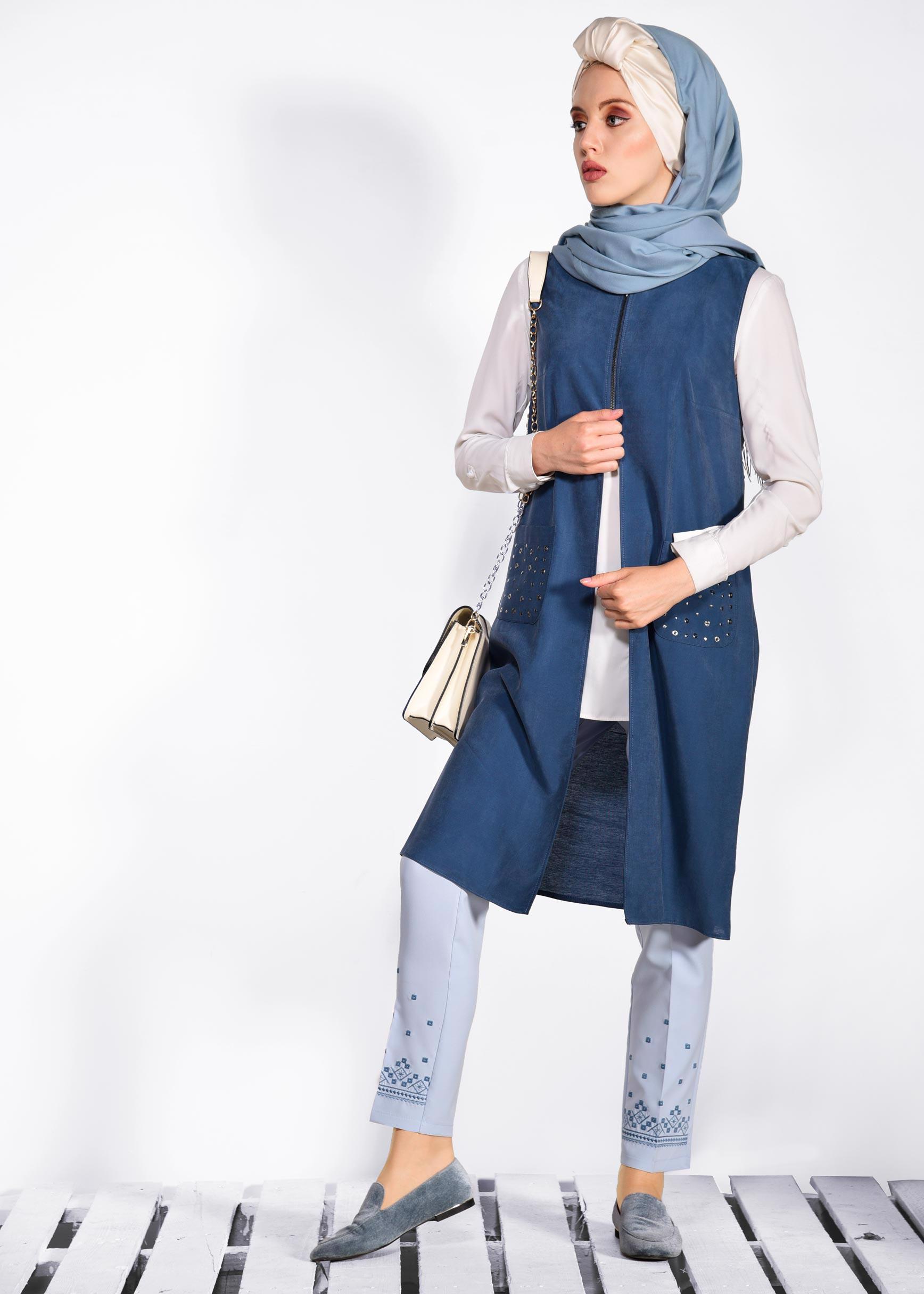 Tesettür giyim LACİVERT CEPLERİ ZIMBALI FERMUAR DETAYLI YELEK 4176