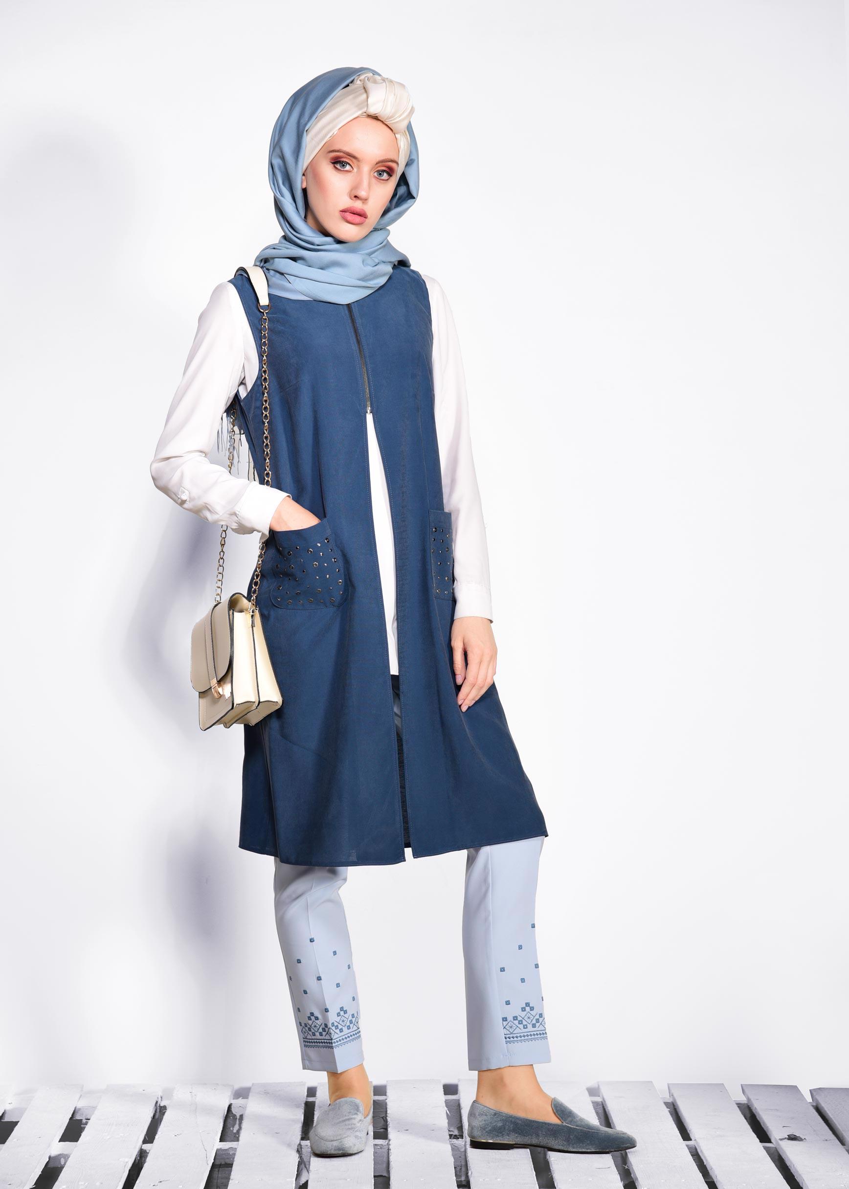 Tesettür giyim LACİVERT CEPLERİ ZIMBALI FERMUAR DETAYLI YELEK 4176