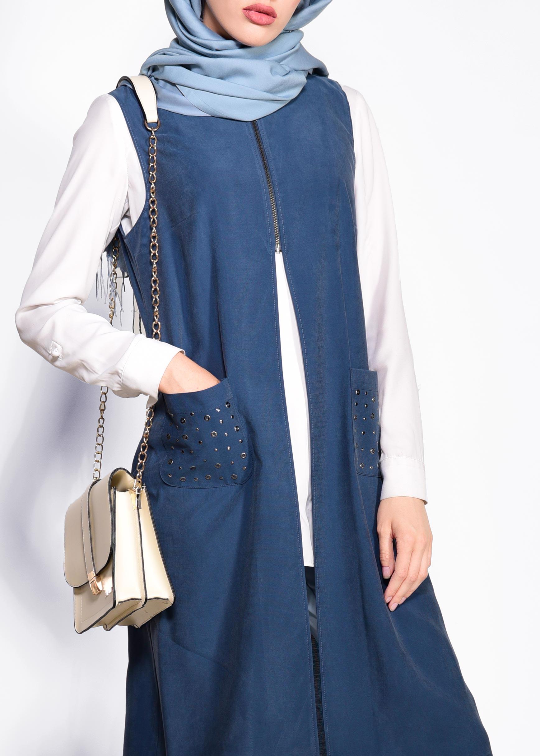 Tesettür giyim LACİVERT CEPLERİ ZIMBALI FERMUAR DETAYLI YELEK 4176