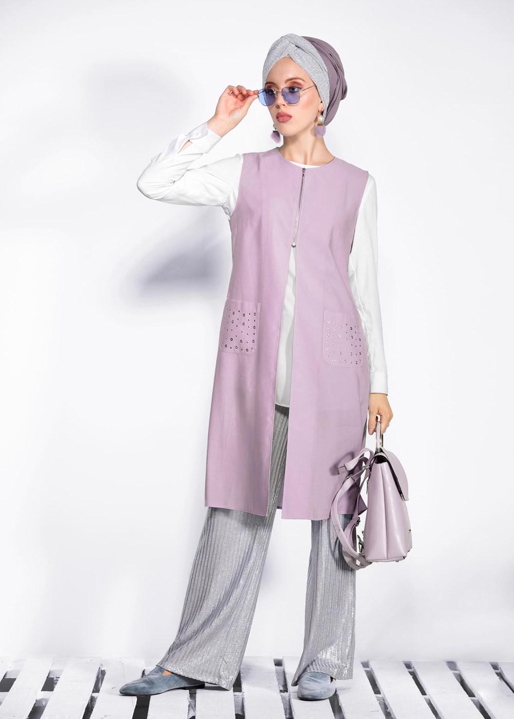 Tesettür giyim PUDRA CEPLERİ ZIMBALI FERMUAR DETAYLI YELEK 4176