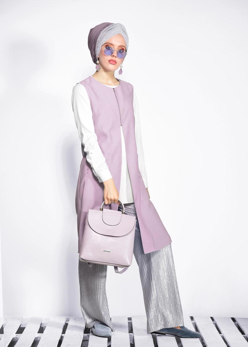 Tesettür giyim PUDRA CEPLERİ ZIMBALI FERMUAR DETAYLI YELEK 4176