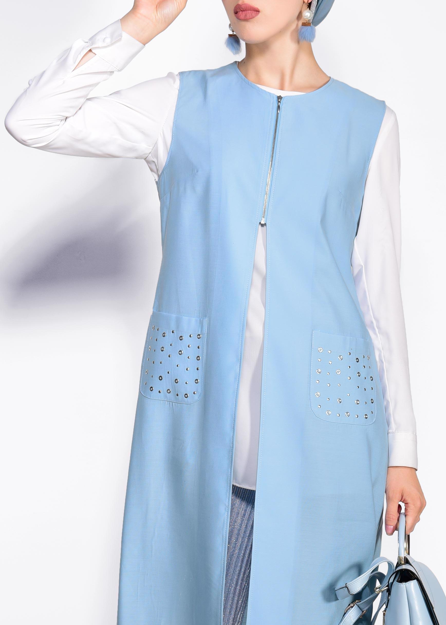 Tesettür giyim MAVİ CEPLERİ ZIMBALI FERMUAR DETAYLI YELEK 4176